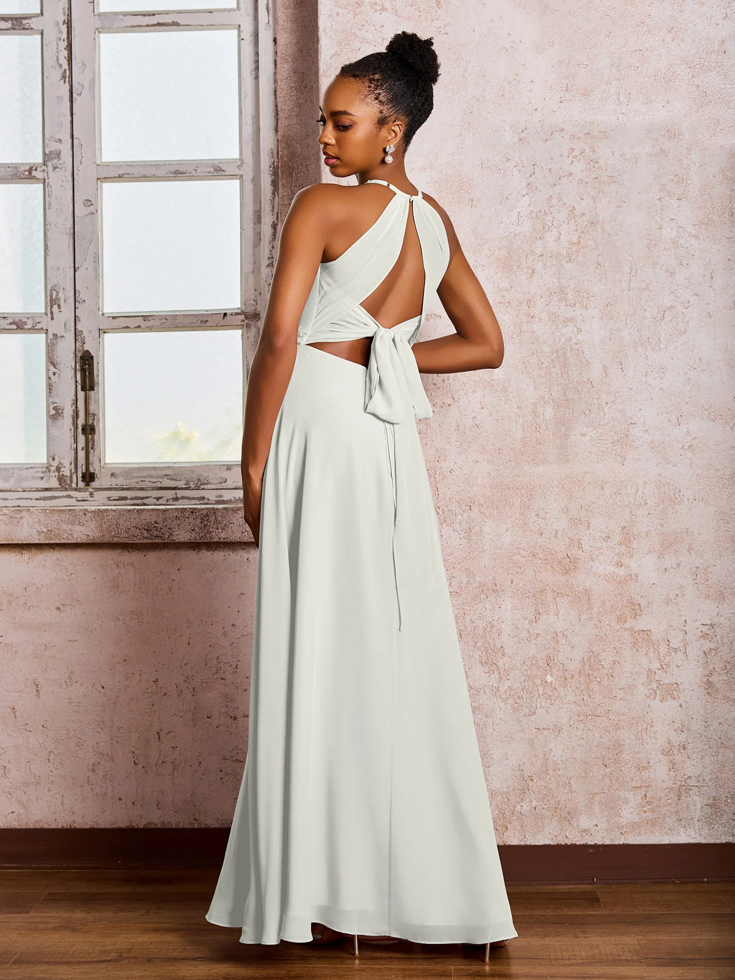 Open Back Halter Bow Chiffon Long Dresses with Slit Ivory - Image 2