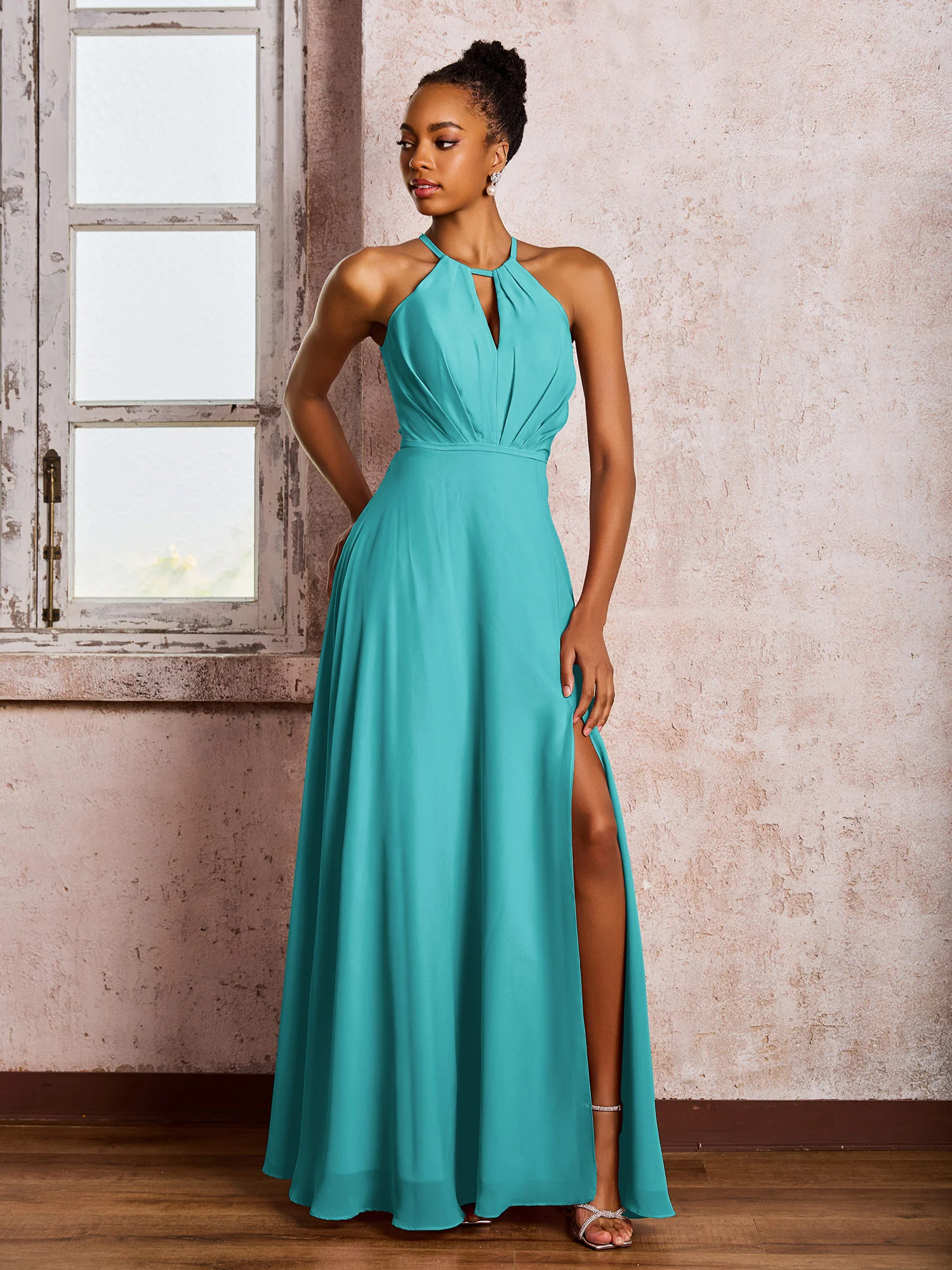 Open Back Halter Bow Chiffon Long Dresses with Slit Jade