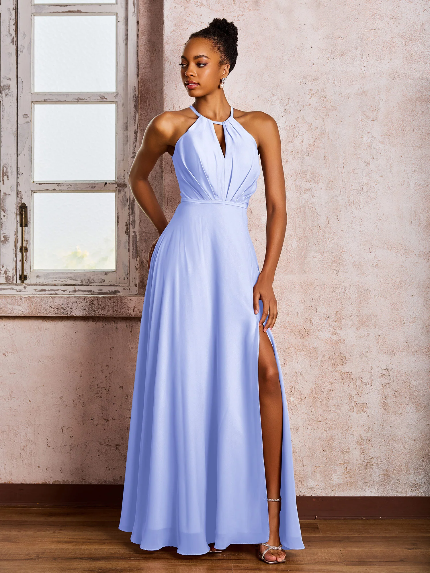 Open Back Halter Bow Chiffon Long Dresses with Slit Lavender