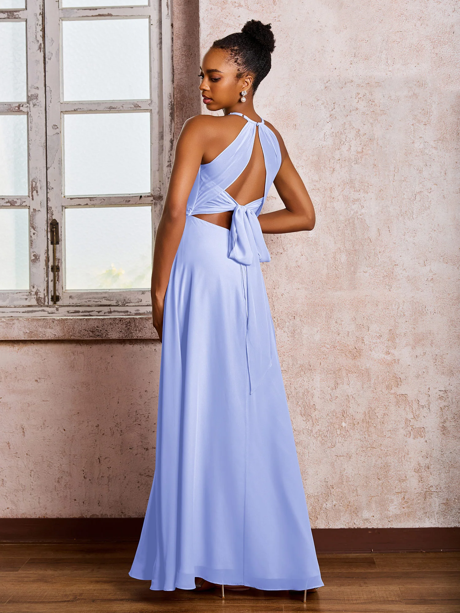 Open Back Halter Bow Chiffon Long Dresses with Slit Lavender - Image 2