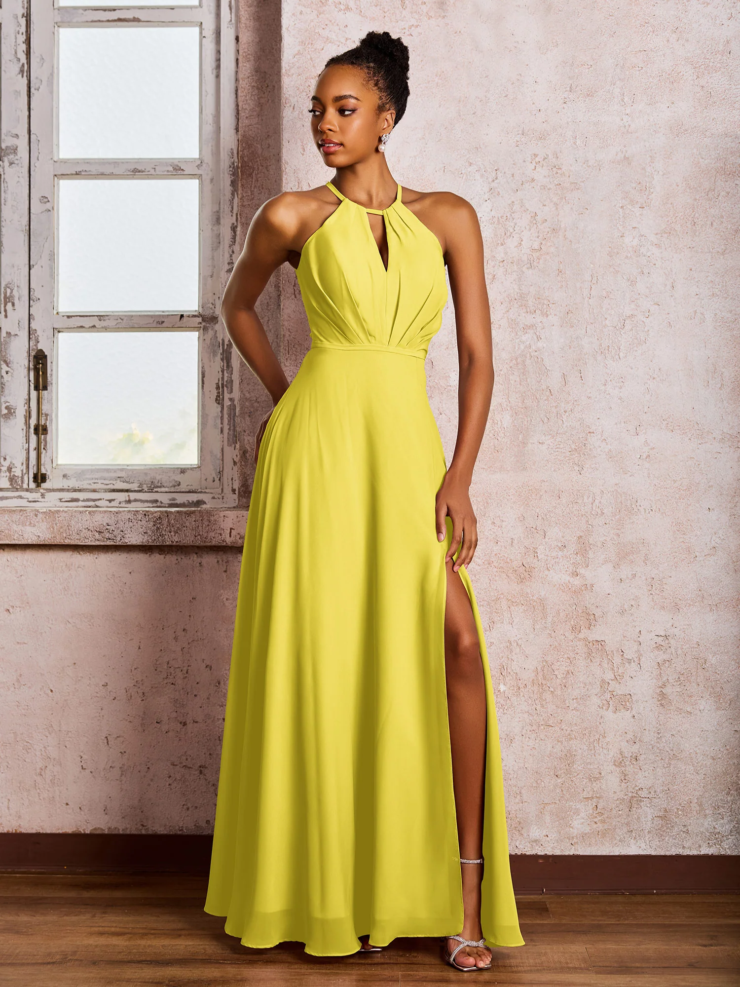 Open Back Halter Bow Chiffon Long Dresses with Slit Lemon
