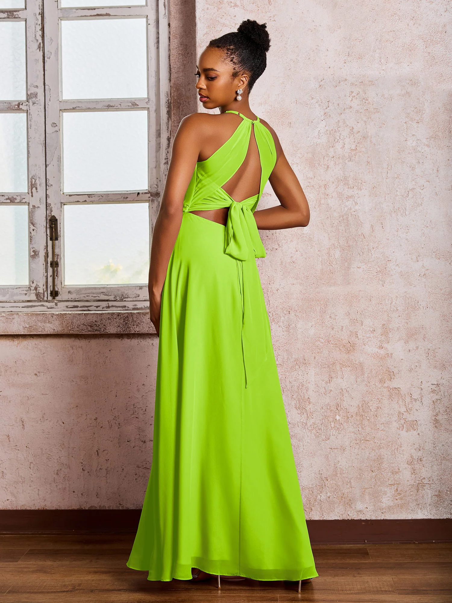 Open Back Halter Bow Chiffon Long Dresses with Slit Lime Green - Image 2