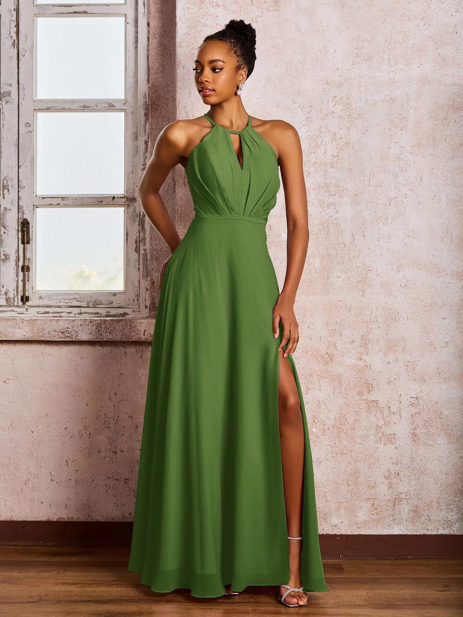 Open Back Halter Bow Chiffon Long Dresses with Slit Moss