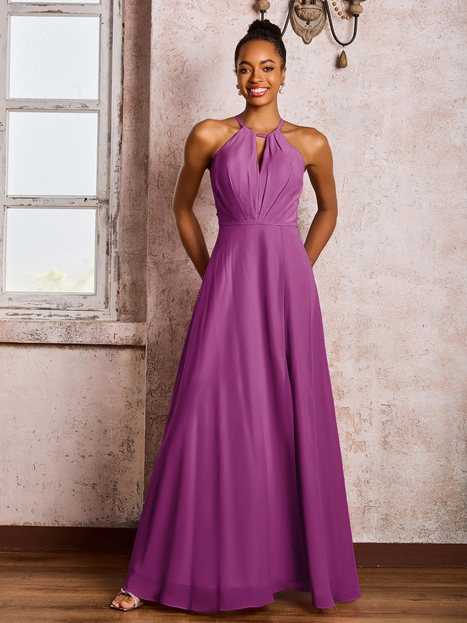 Open Back Halter Bow Chiffon Long Dresses with Slit Orchid - Image 3