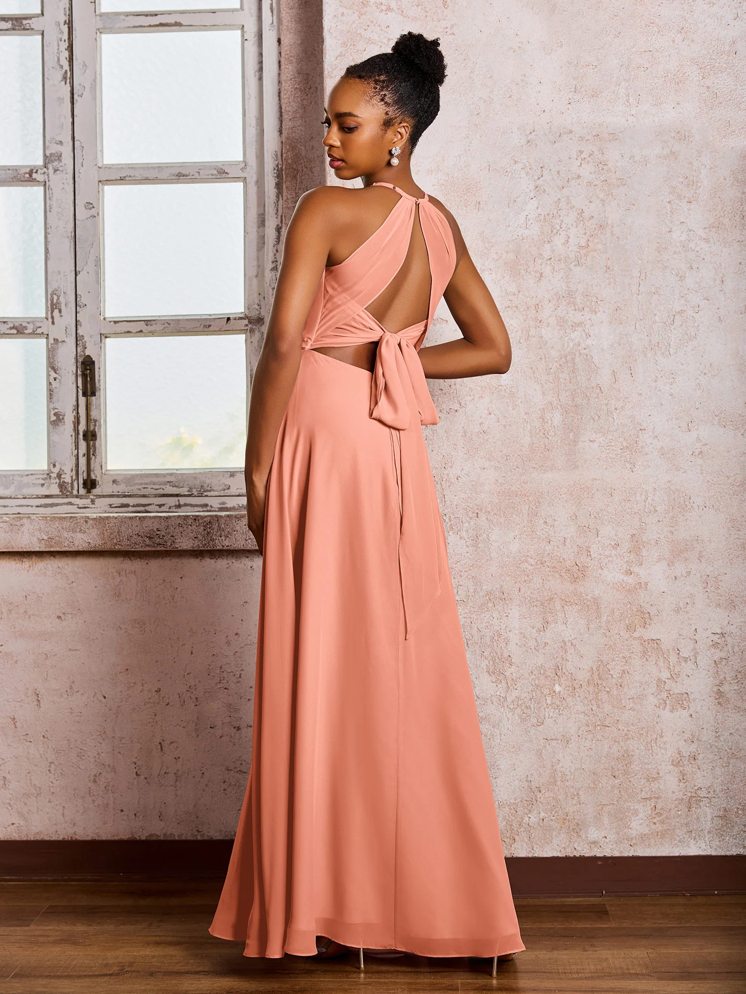 Open Back Halter Bow Chiffon Long Dresses with Slit Papaya - Image 2