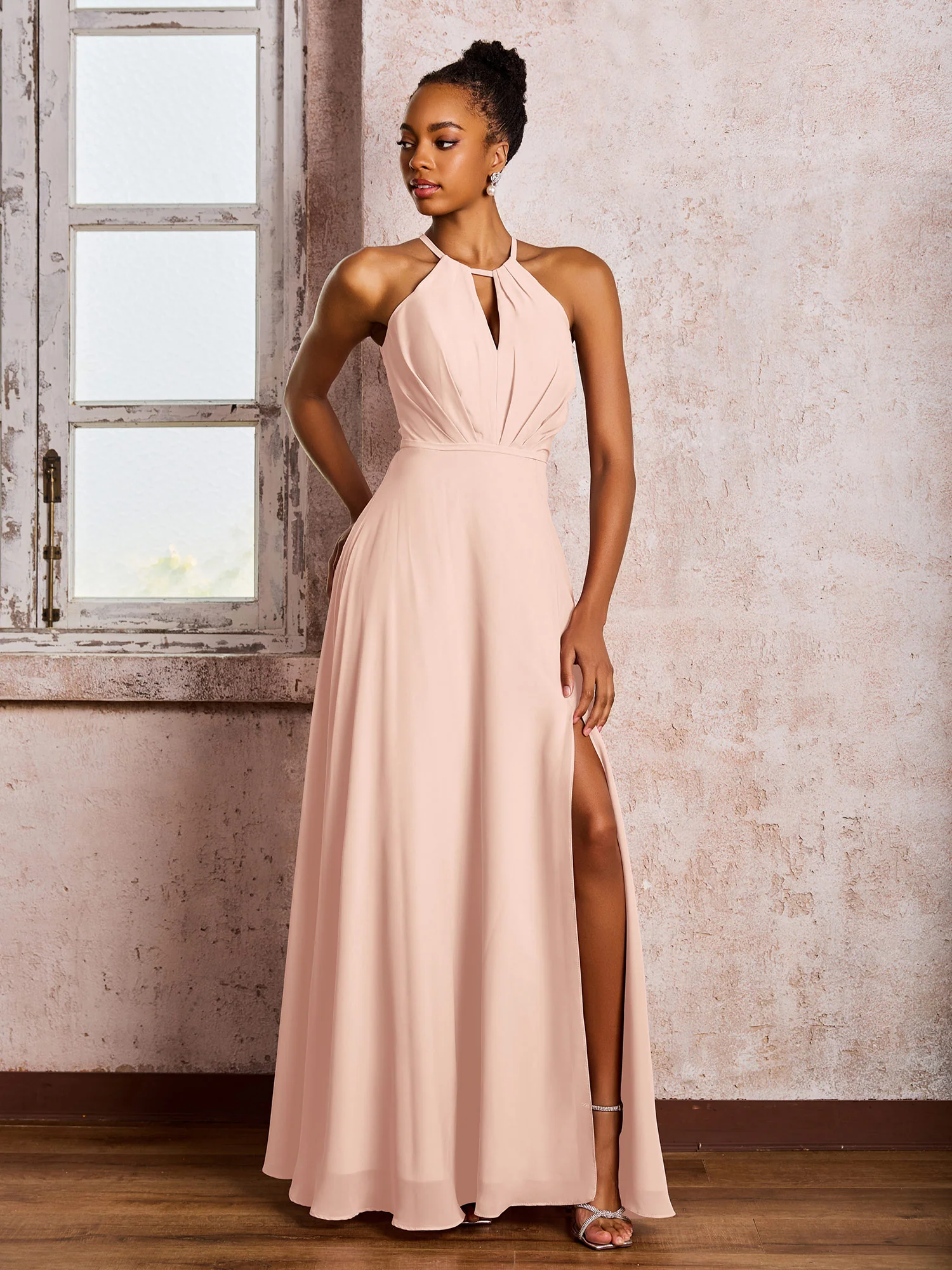 Open Back Halter Bow Chiffon Long Dresses with Slit Pearl Pink