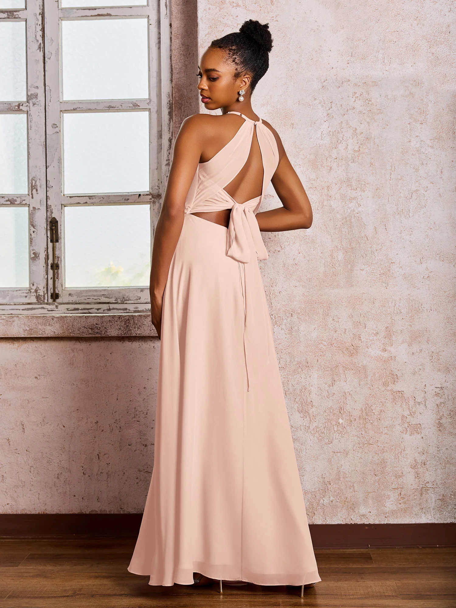 Open Back Halter Bow Chiffon Long Dresses with Slit Pearl Pink - Image 2