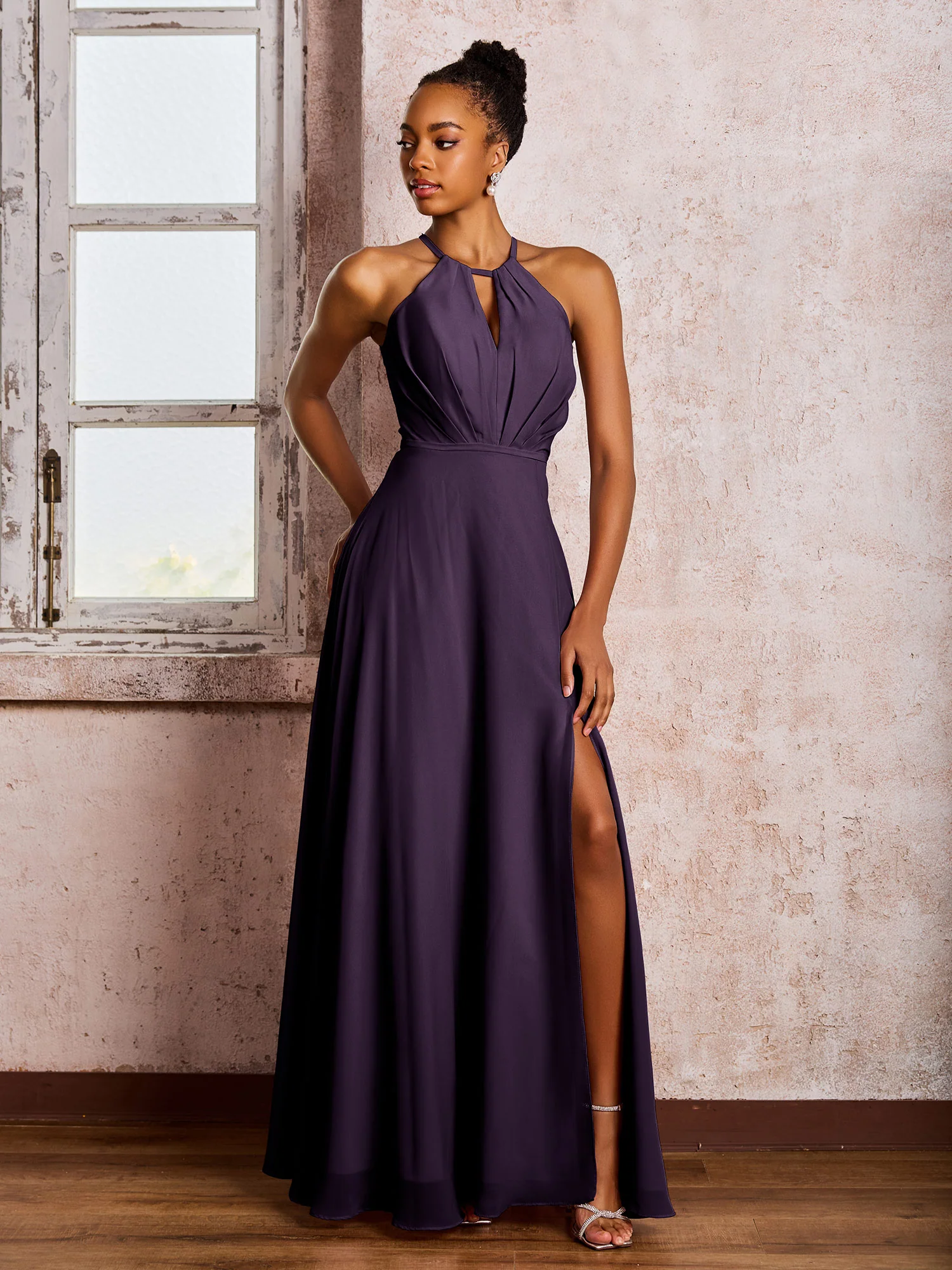 Open Back Halter Bow Chiffon Long Dresses with Slit Plum