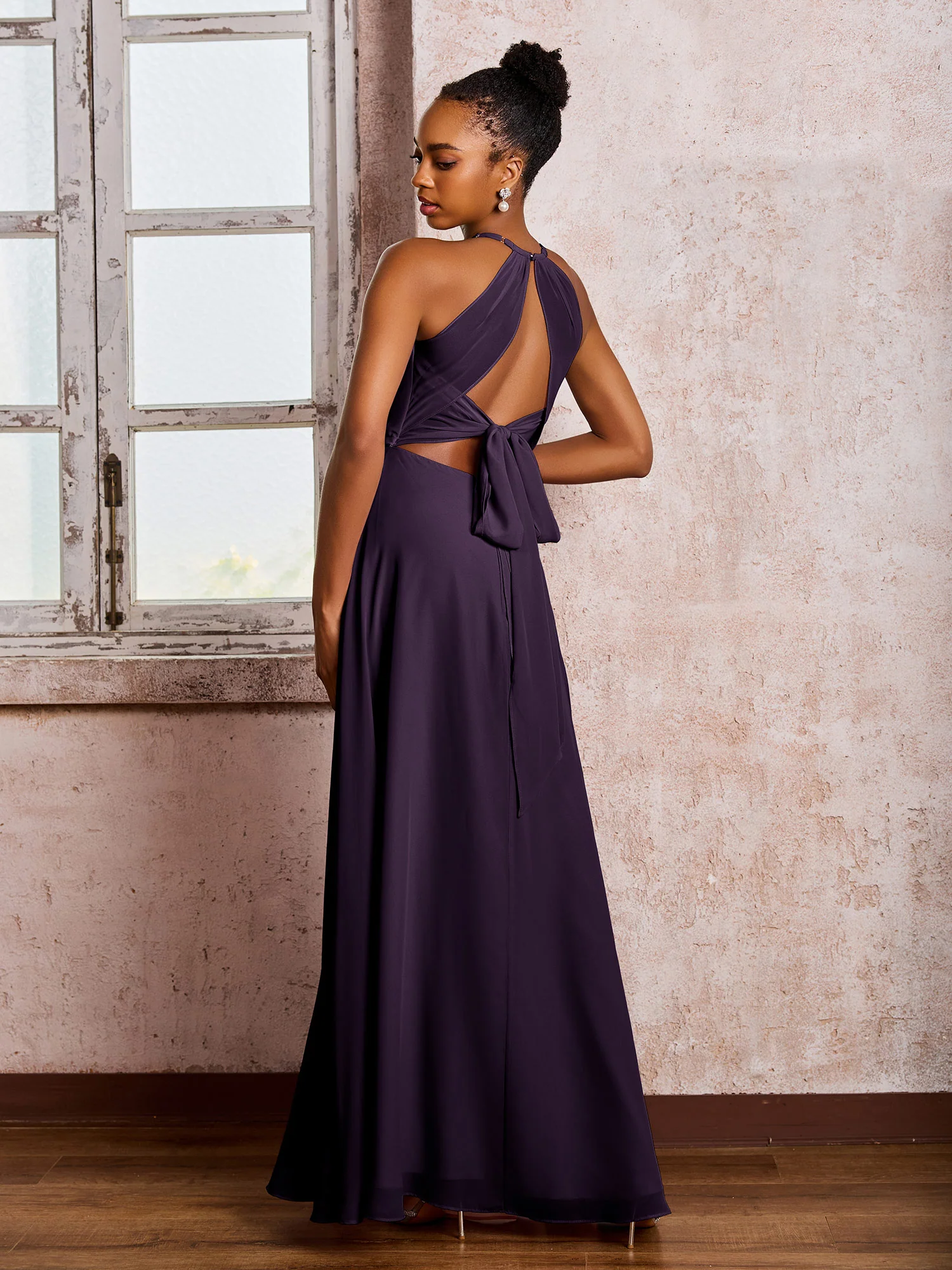 Open Back Halter Bow Chiffon Long Dresses with Slit Plum - Image 2