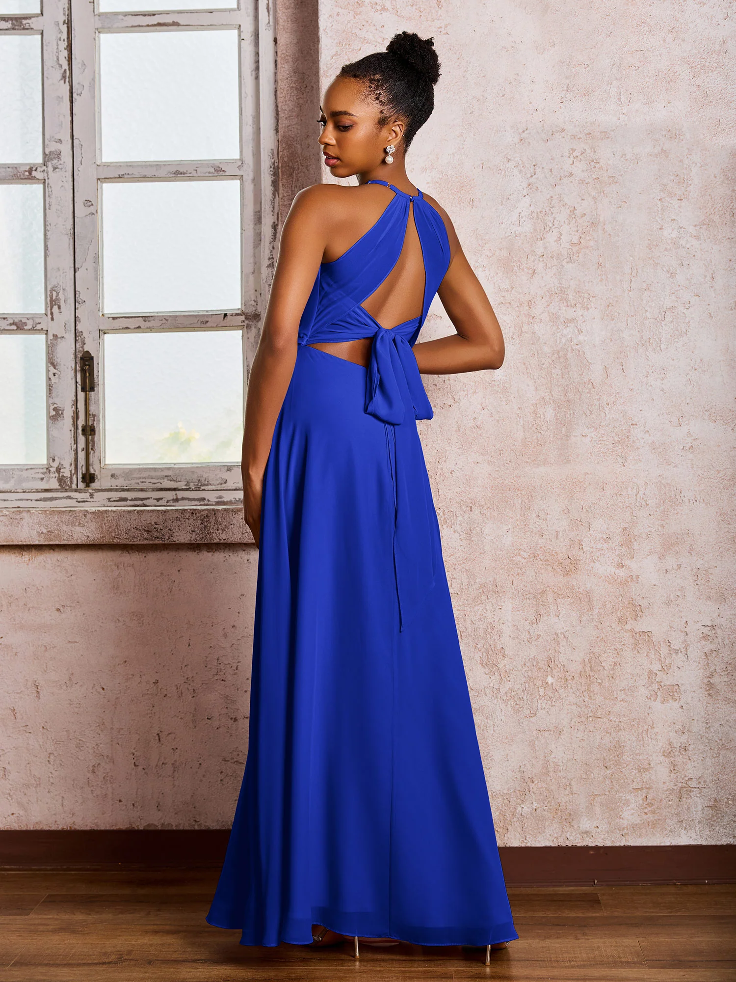 Open Back Halter Bow Chiffon Long Dresses with Slit Royal Blue - Image 2