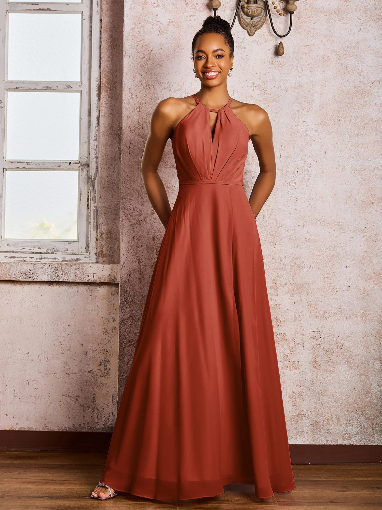 Open Back Halter Bow Chiffon Long Dresses with Slit Rust - Image 3