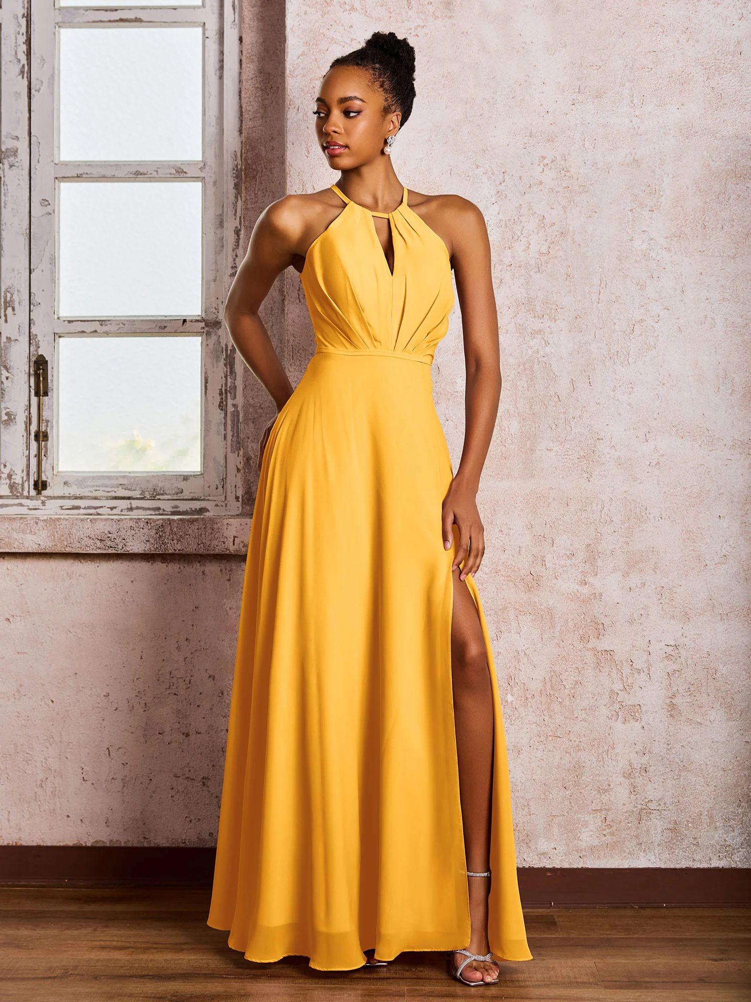 Open Back Halter Bow Chiffon Long Dresses with Slit Tangerine