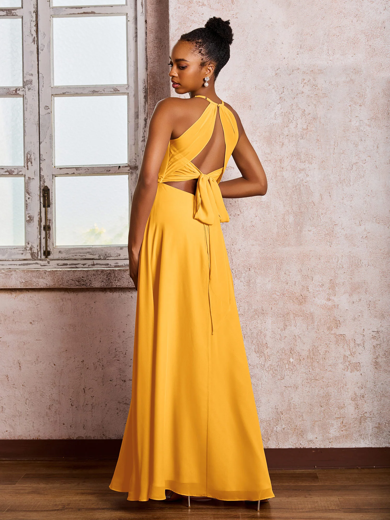 Open Back Halter Bow Chiffon Long Dresses with Slit Tangerine - Image 2