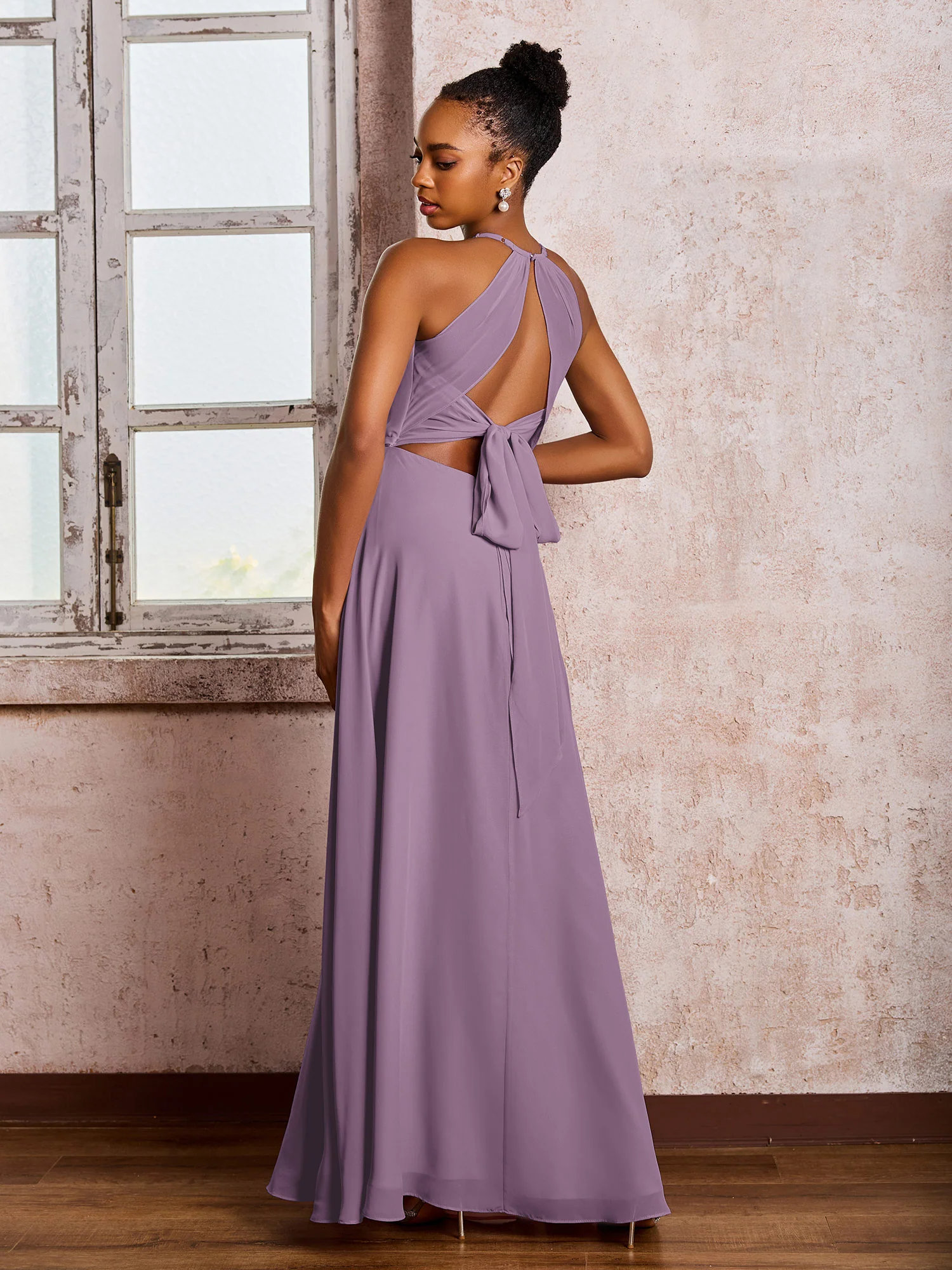 Open Back Halter Bow Chiffon Long Dresses with Slit Wisteria - Image 2