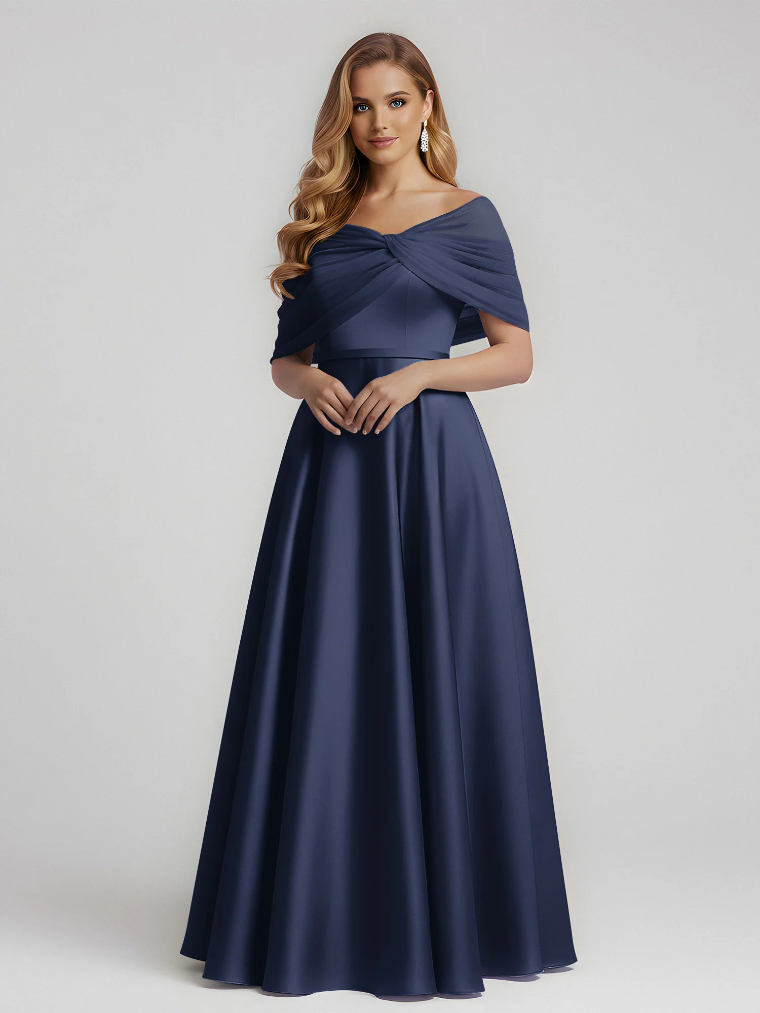 Satin A-Line Floor Length Dresses With Sheer Shawl Dark Navy