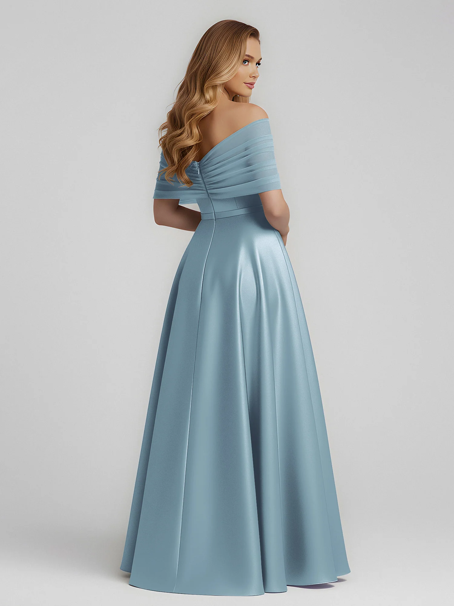 Satin A-Line Floor Length Dresses With Sheer Shawl Dusty Blue - Image 2