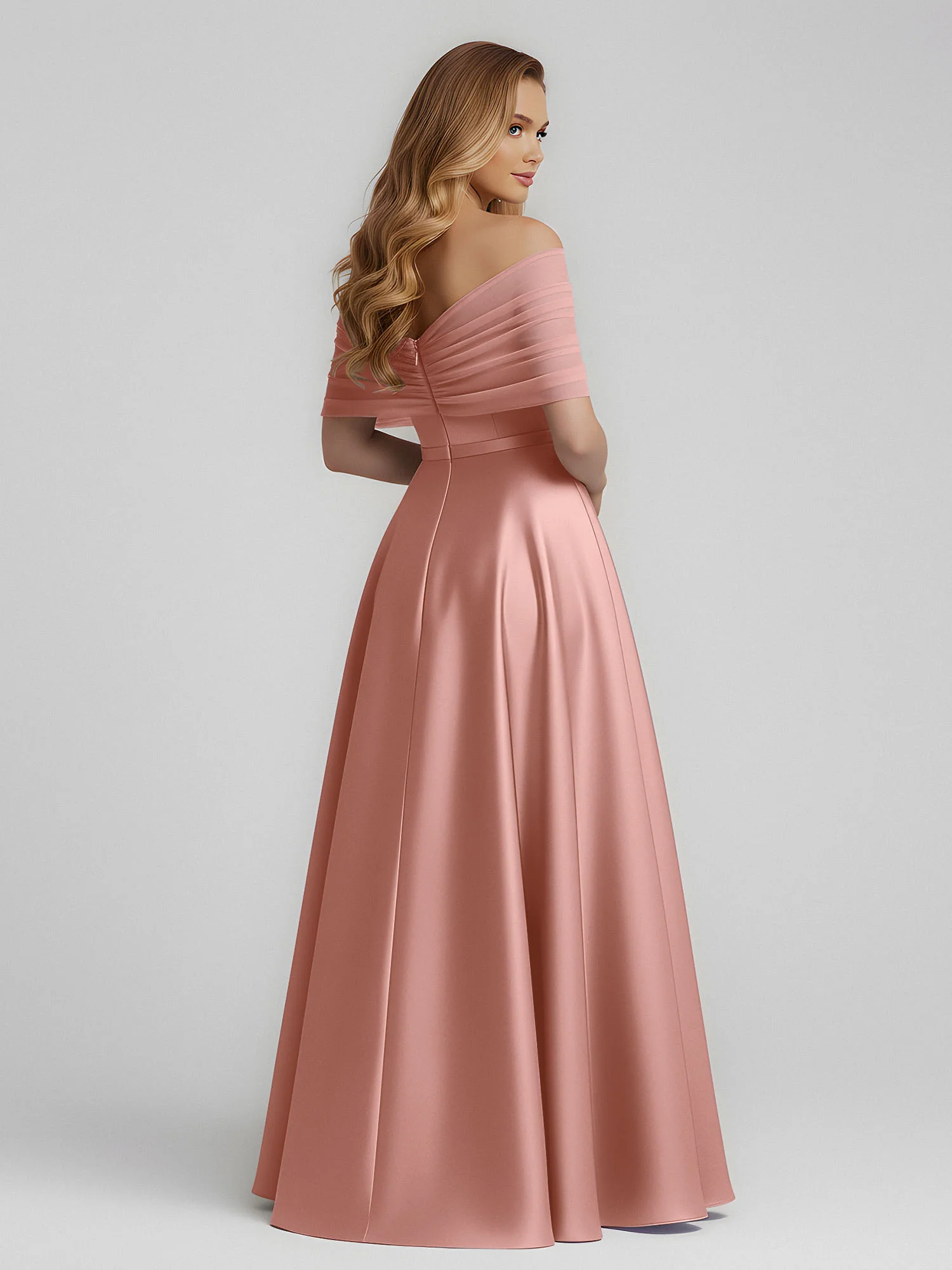Satin A-Line Floor Length Dresses With Sheer Shawl Dusty Rose - Image 2