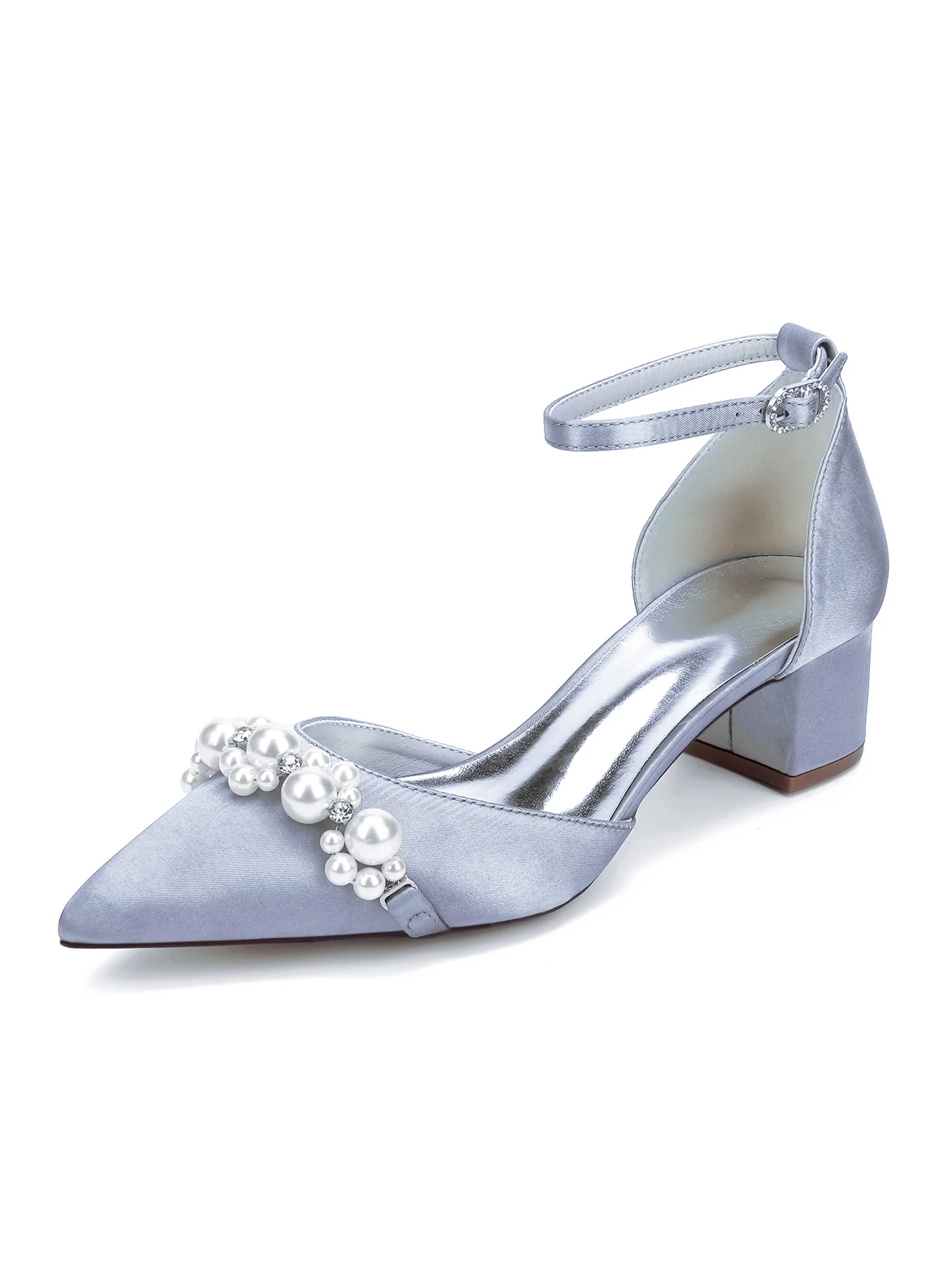Pearl Satin Ankle Strap Women's Chunky Heel Shoes - Image 11