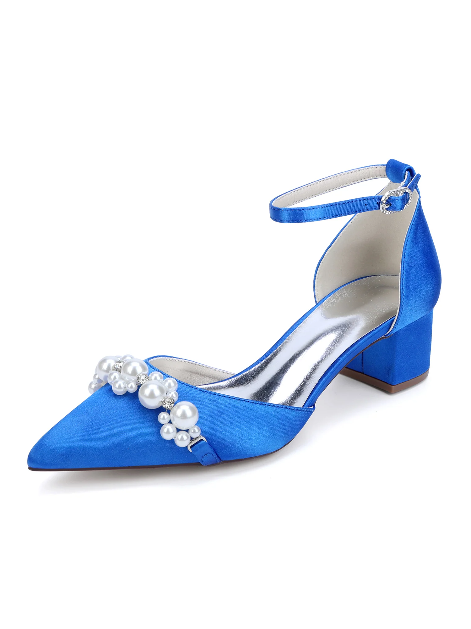 Pearl Satin Ankle Strap Women's Chunky Heel Shoes - Image 12