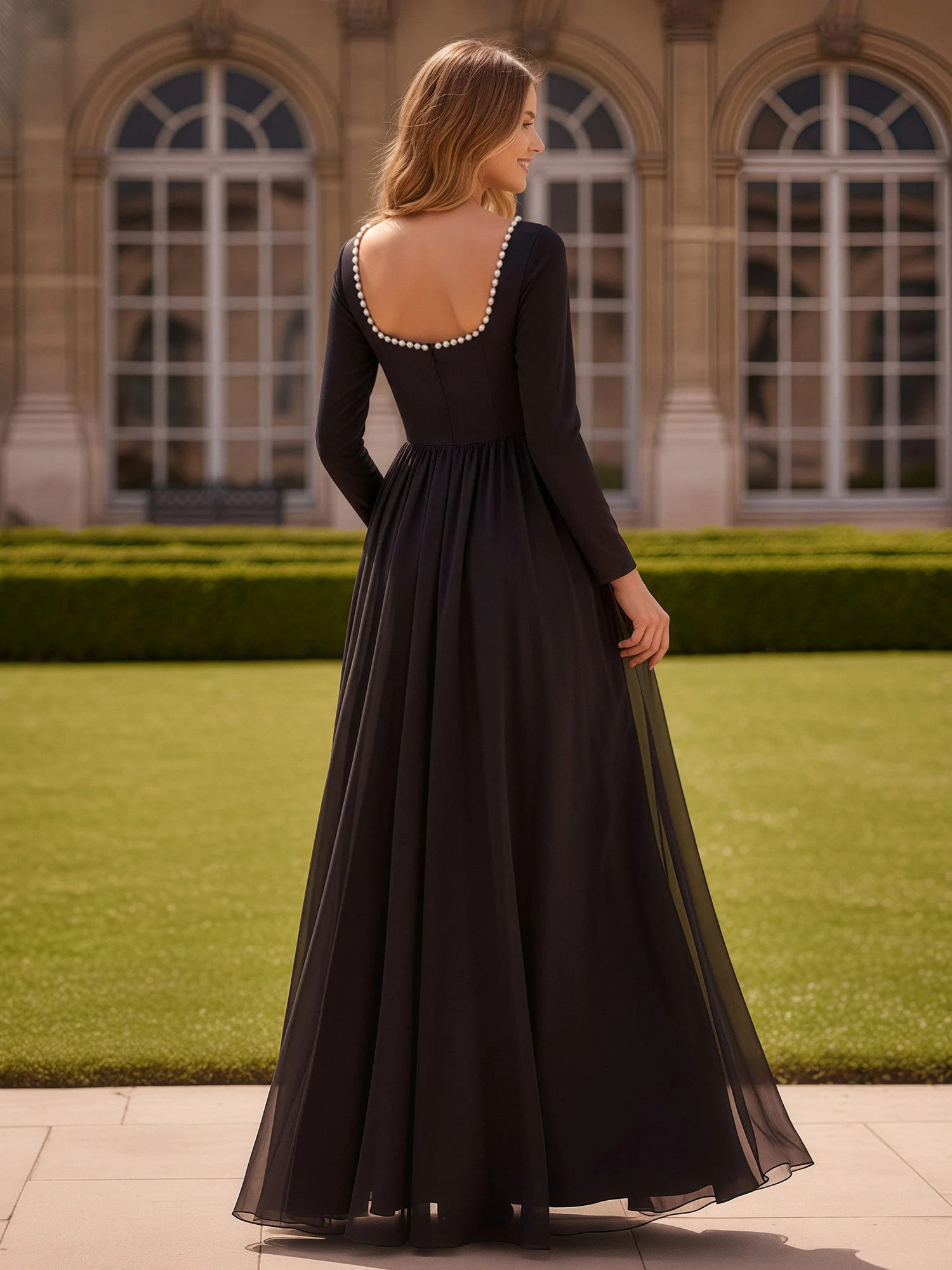 Pearl Square Neck Long Sleeve Dress With Slit Black - Image 2