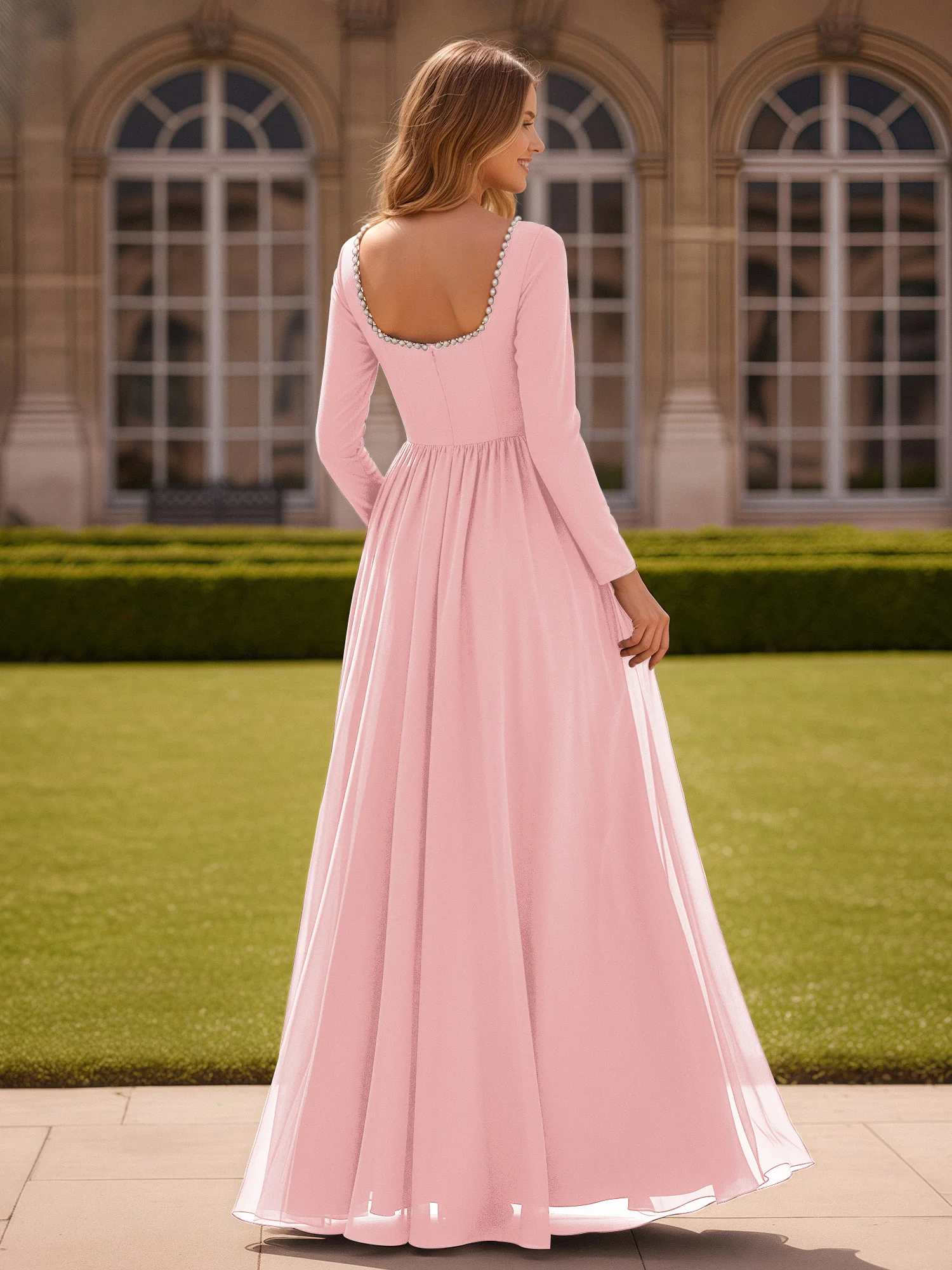 Pearl Square Neck Long Sleeve Dress With Slit Blushing Pink - Image 2