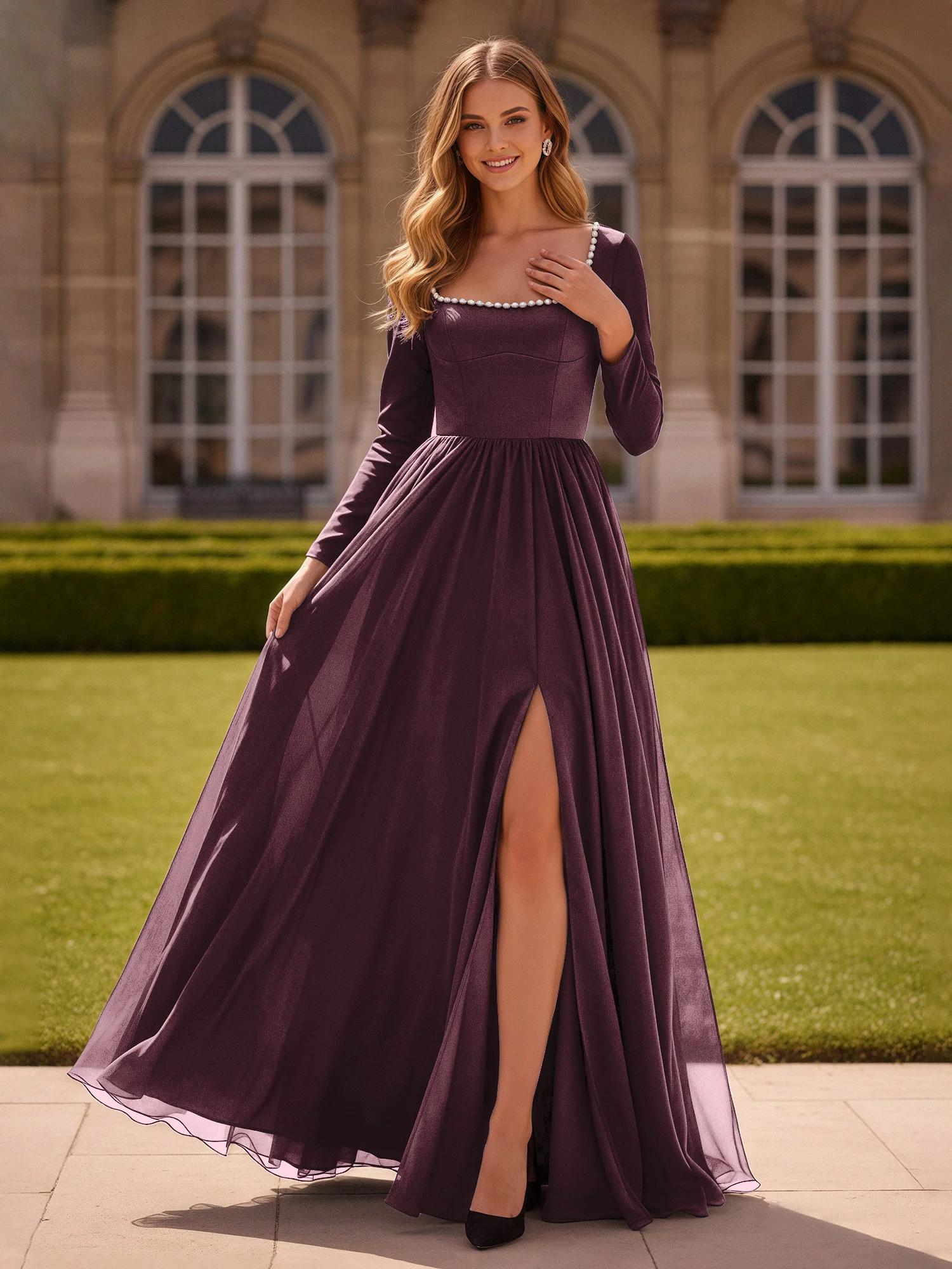 Pearl Square Neck Long Sleeve Dress With Slit Cabernet