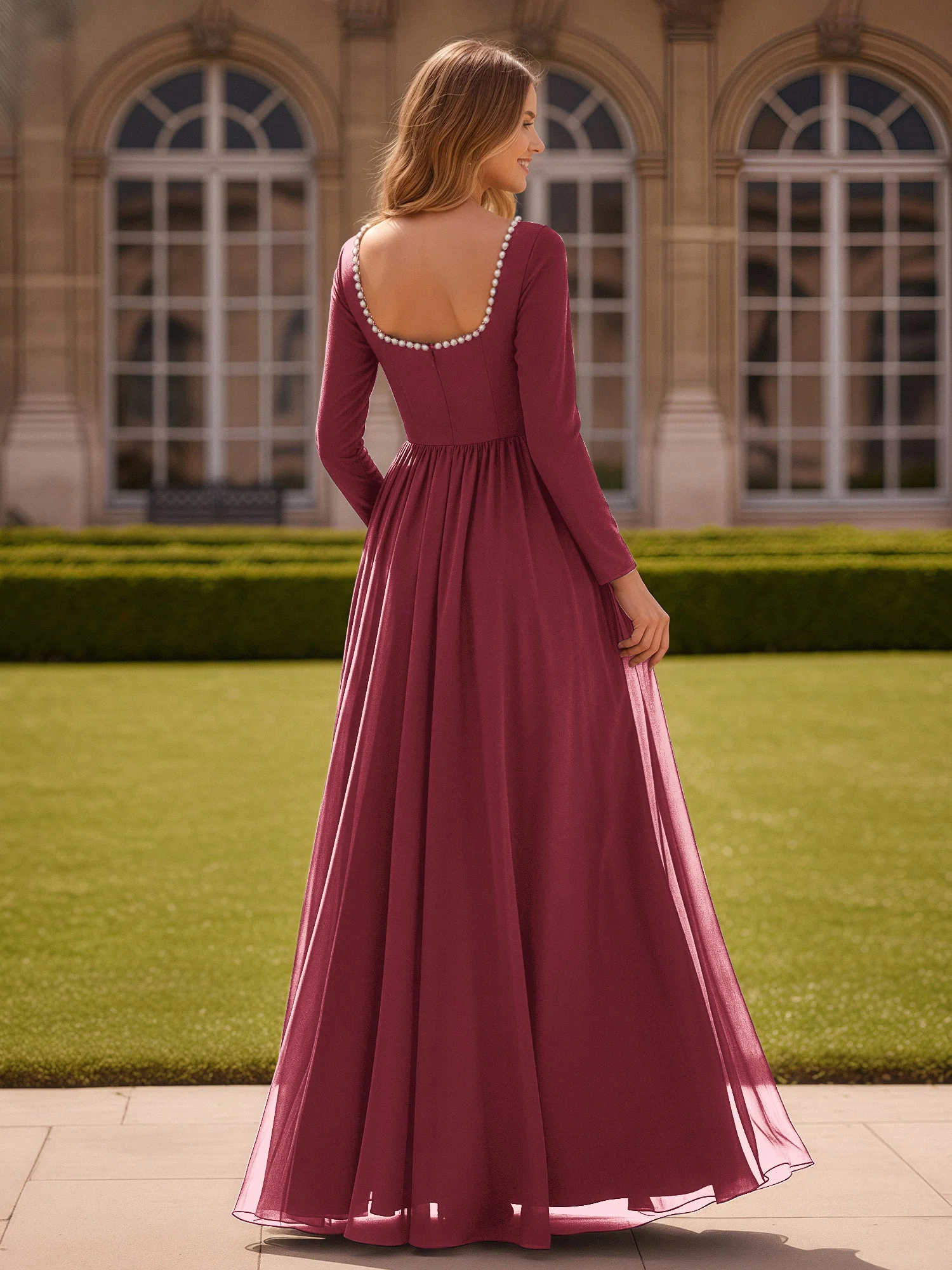 Pearl Square Neck Long Sleeve Dress With Slit Cinnamon Rose - Image 2
