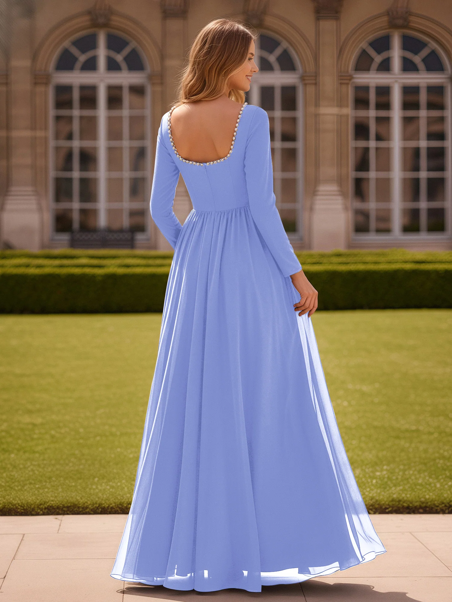 Pearl Square Neck Long Sleeve Dress With Slit Lavender - Image 2