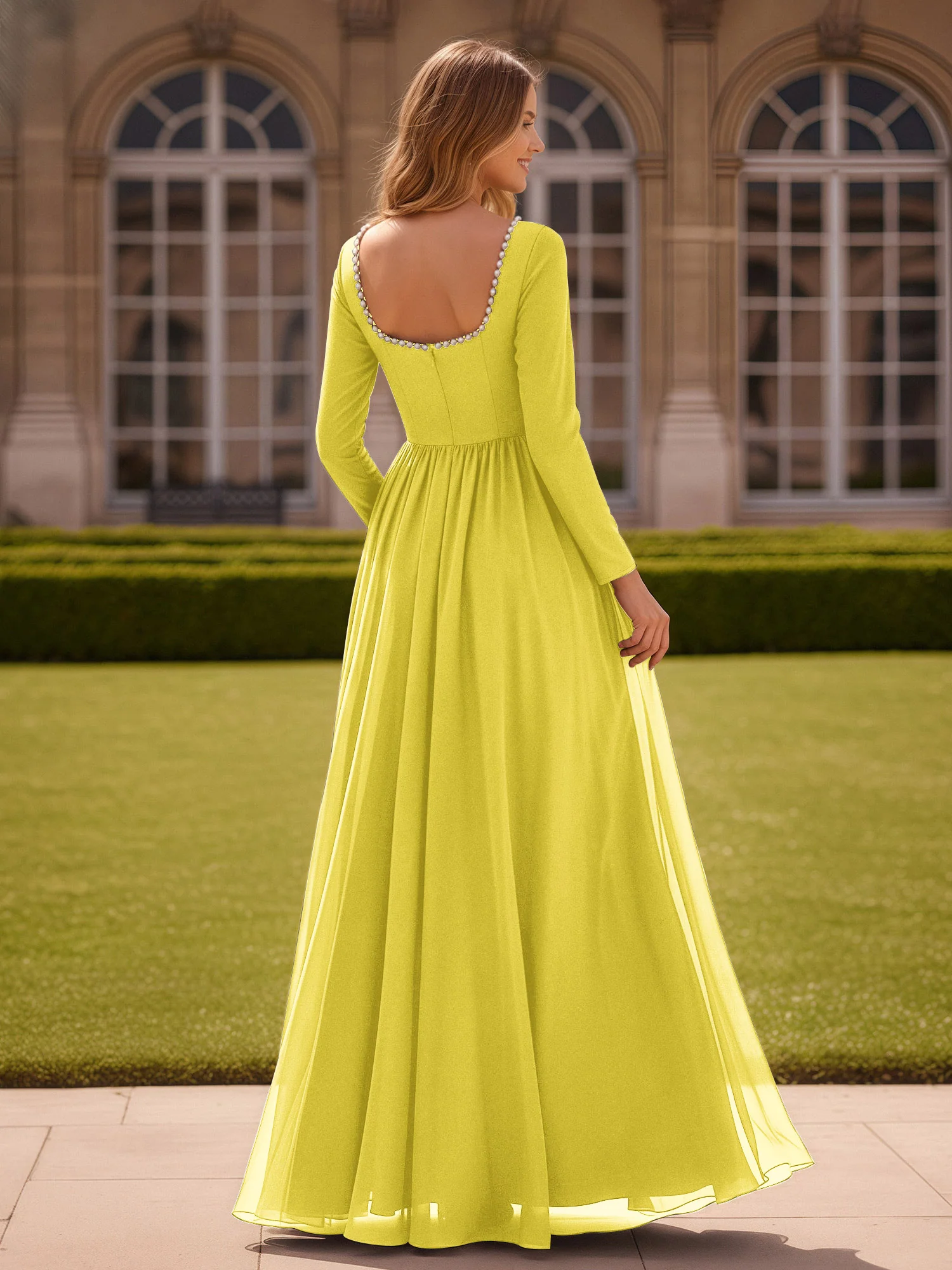 Pearl Square Neck Long Sleeve Dress With Slit Lemon - Image 2
