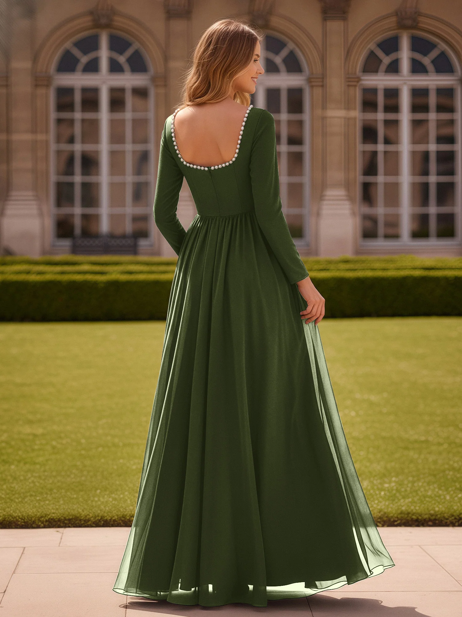 Pearl Square Neck Long Sleeve Dress With Slit Olive Green - Image 2