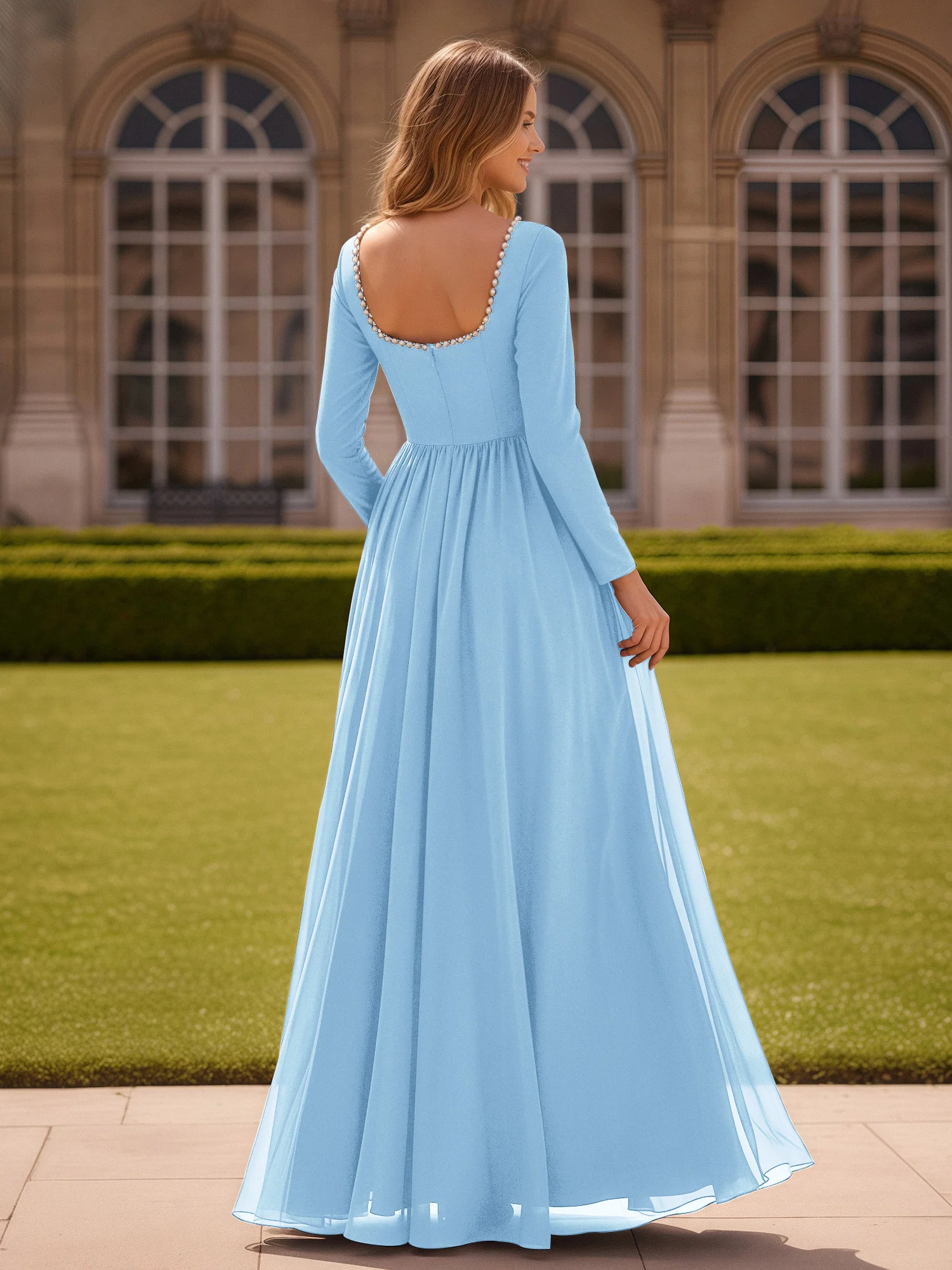 Pearl Square Neck Long Sleeve Dress With Slit Sky Blue - Image 2