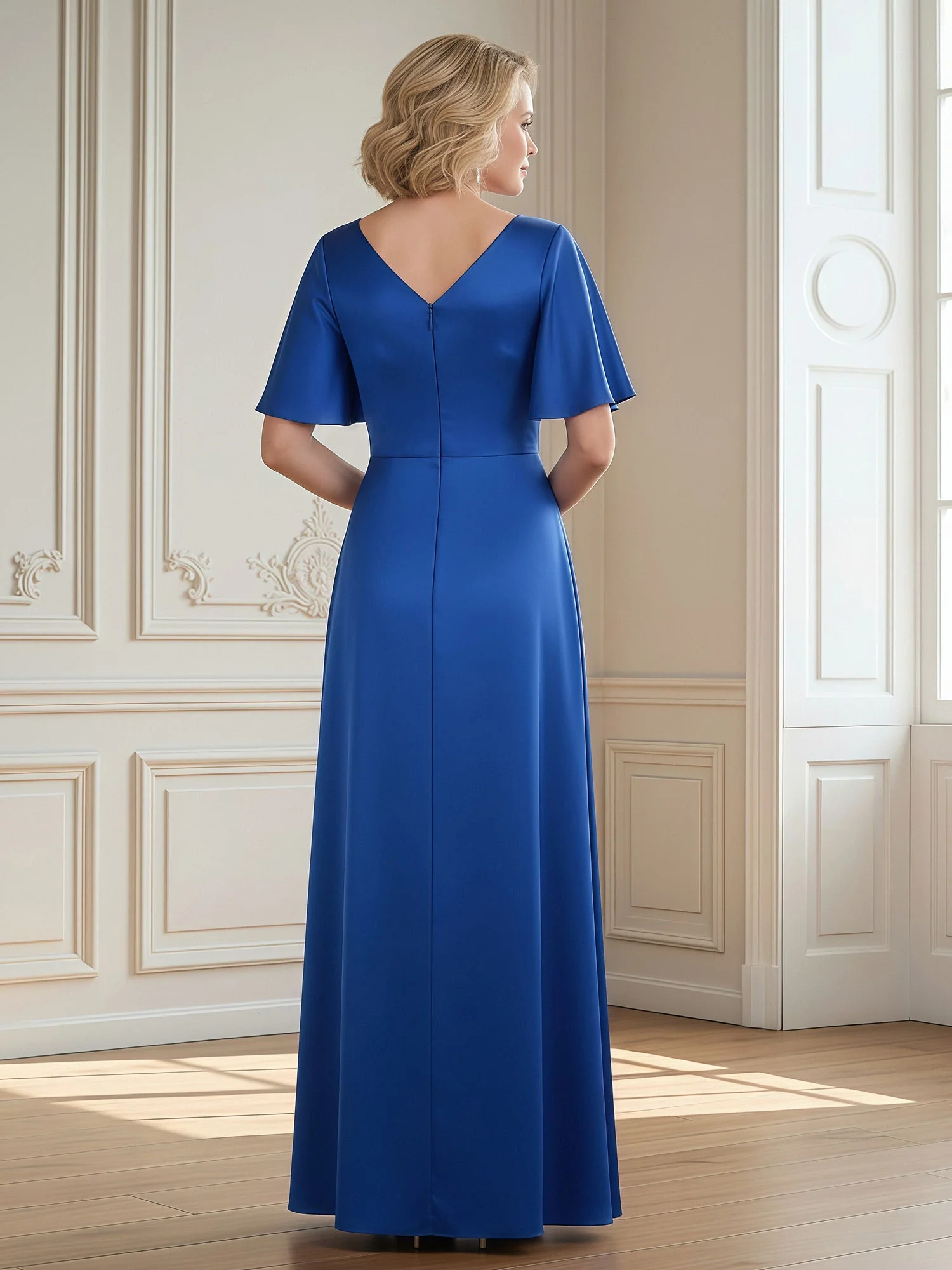 V-Neck Maxi Dress with Flounce Sleeves and Slit Steel Grey - Image 2