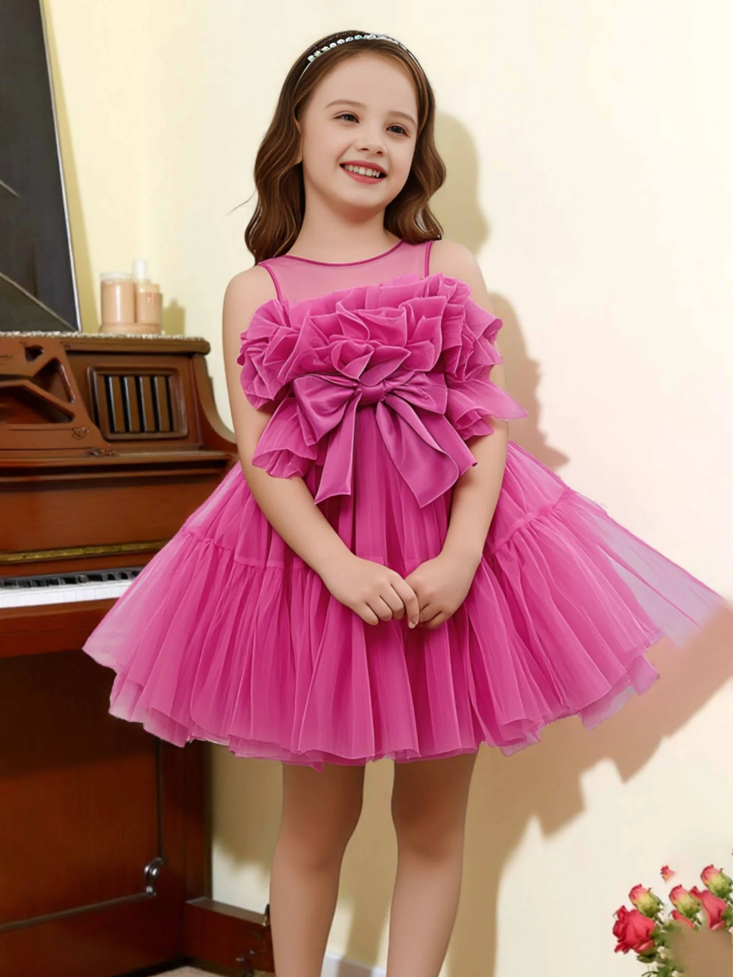 Oversized Bow Ruffle Tulle Illusion Flower Girl Dress Azalea
