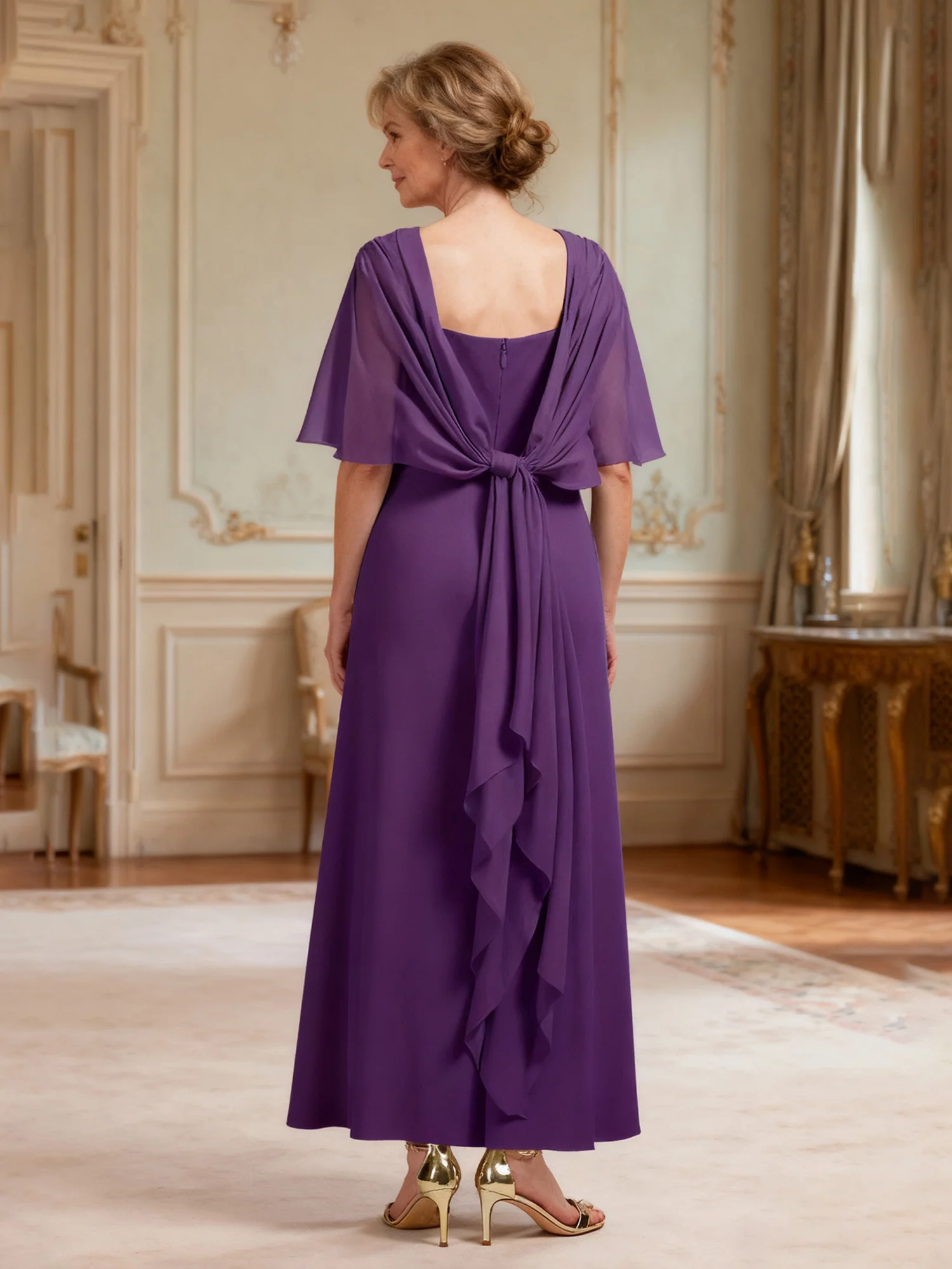 Bateau Neck Formal Dress with Dramatic Back Drape Grape - Image 2