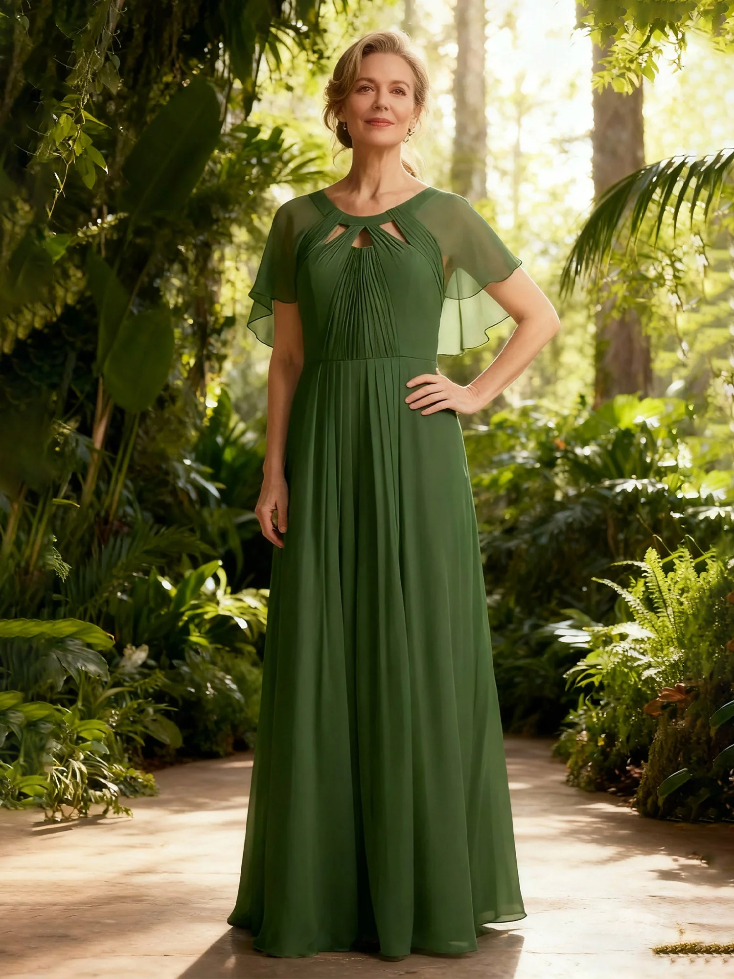 Pleated A-Line Flutter Sleeves Chiffon Long Dress Dusty Rose