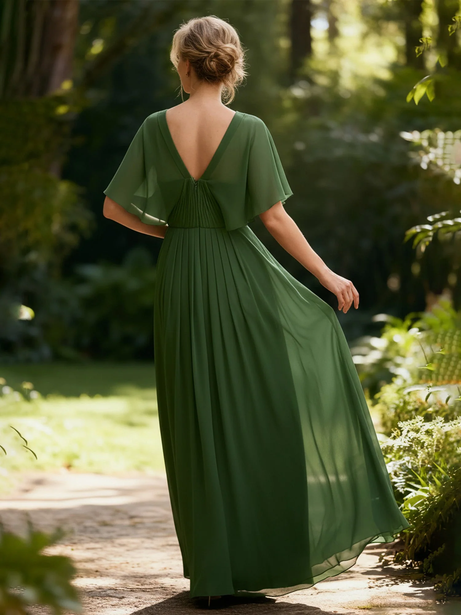 Pleated A-Line Flutter Sleeves Chiffon Long Dress Taupe - Image 2