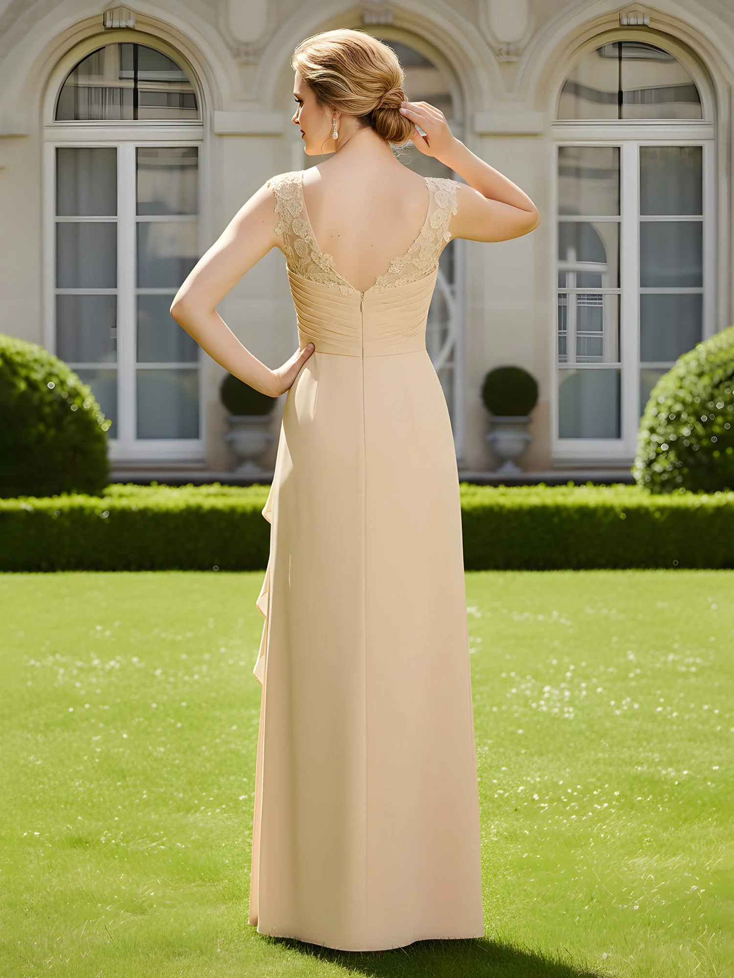 Pleated A-Line Ruffles Lace Chiffon Floor-Length Dress Fuchsia - Image 2