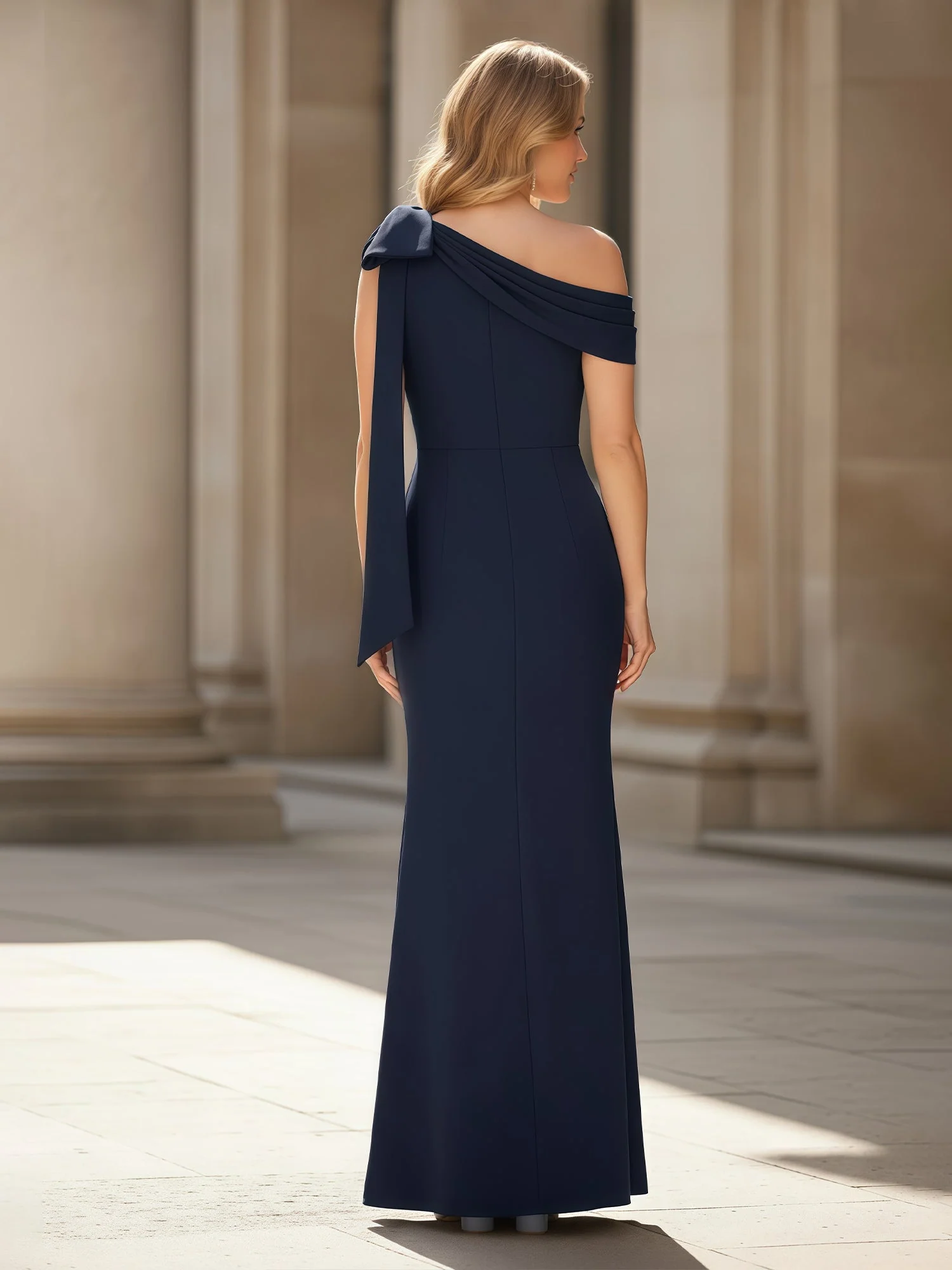 Pleated Bowknot One Shoulder Floor-Length Dress Dark Green - Image 2