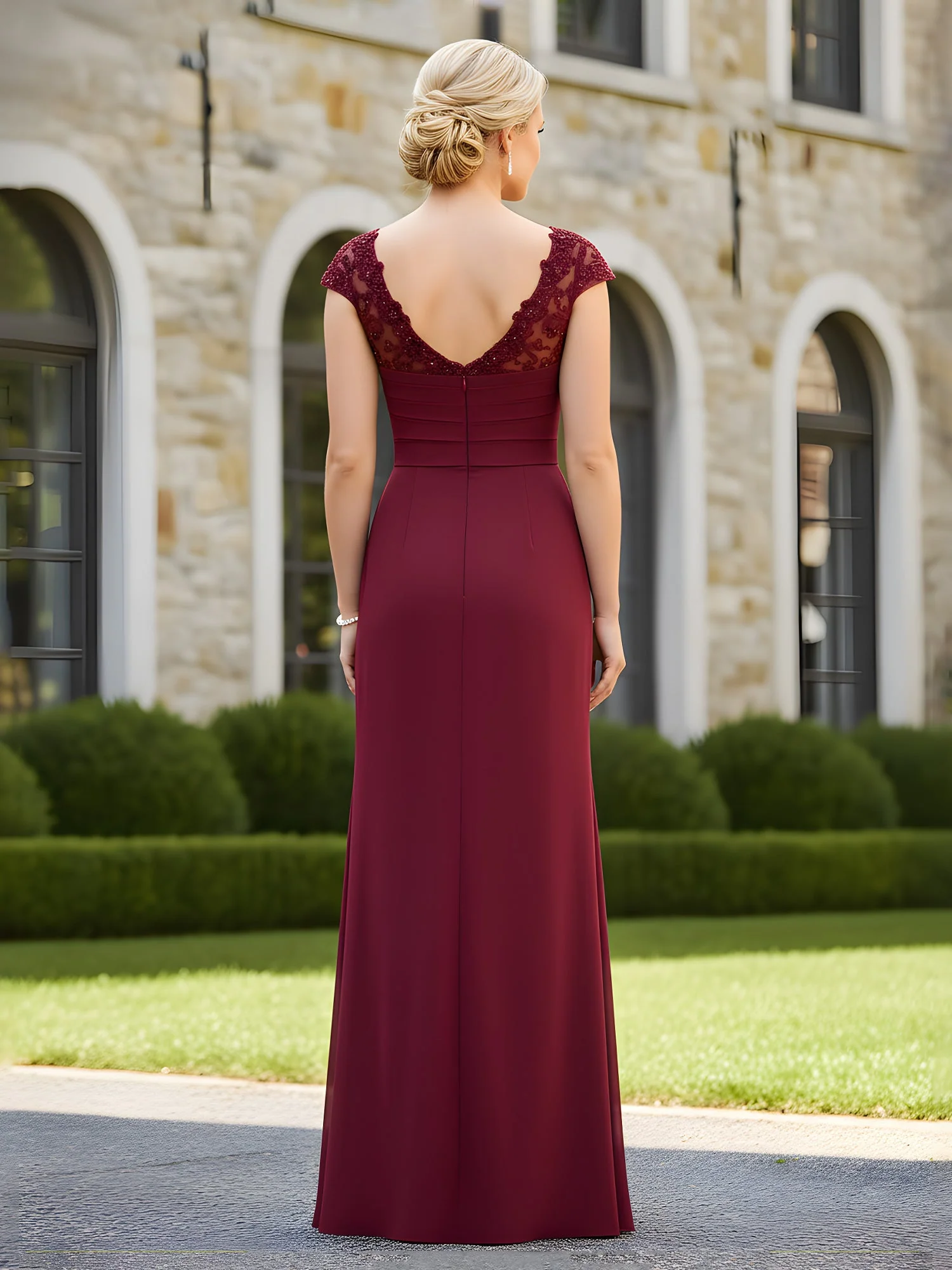 Pleated Lace Cap Sleeves Ruffles Sheath Dress Jade - Image 2