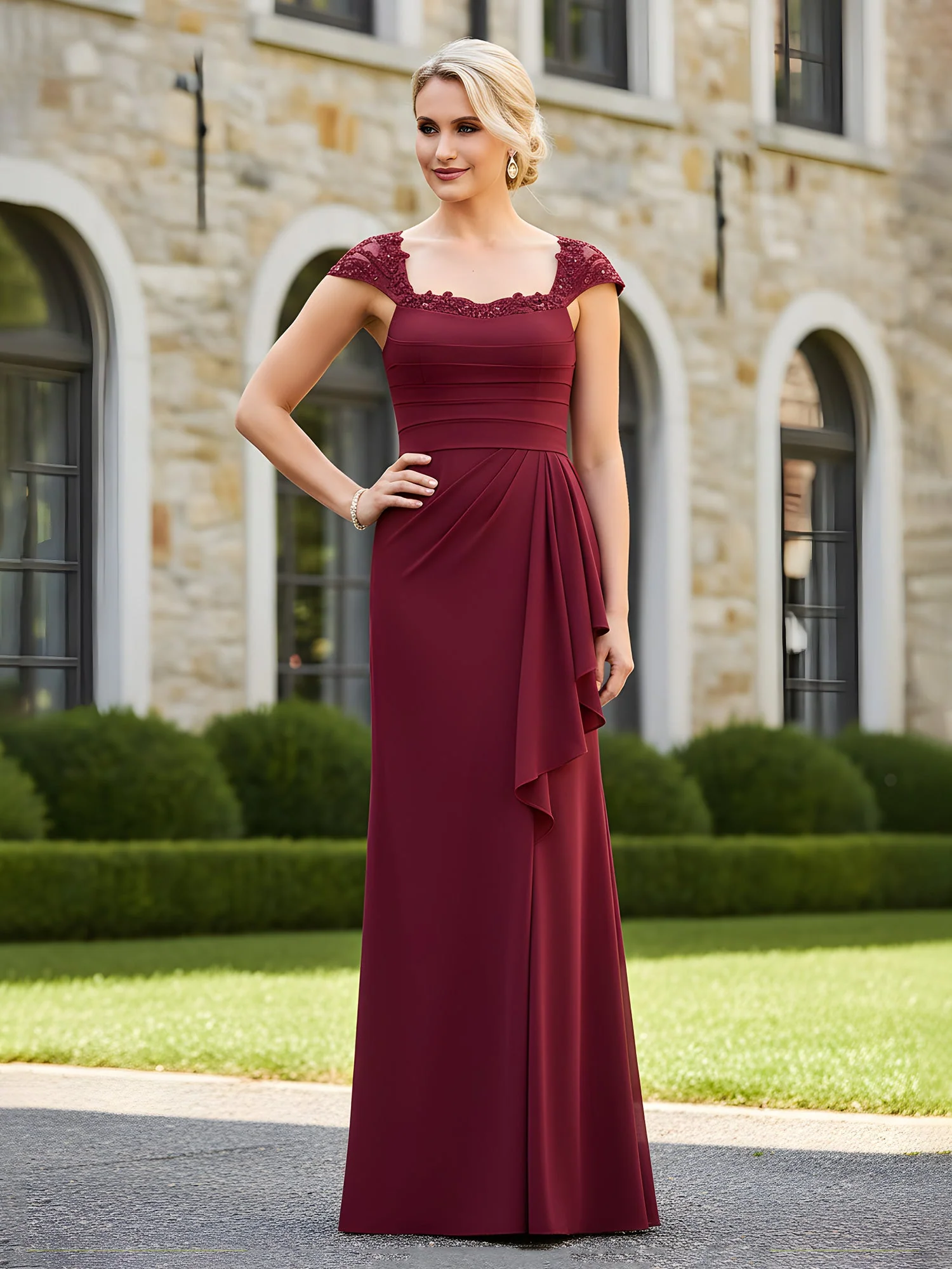 Pleated Lace Cap Sleeves Ruffles Sheath Dress Ocean Blue