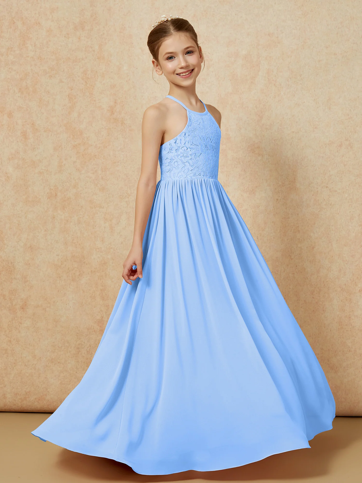 Pleated Lace Chiffion Long Junior Bridesmaid Dress Blue - Image 3