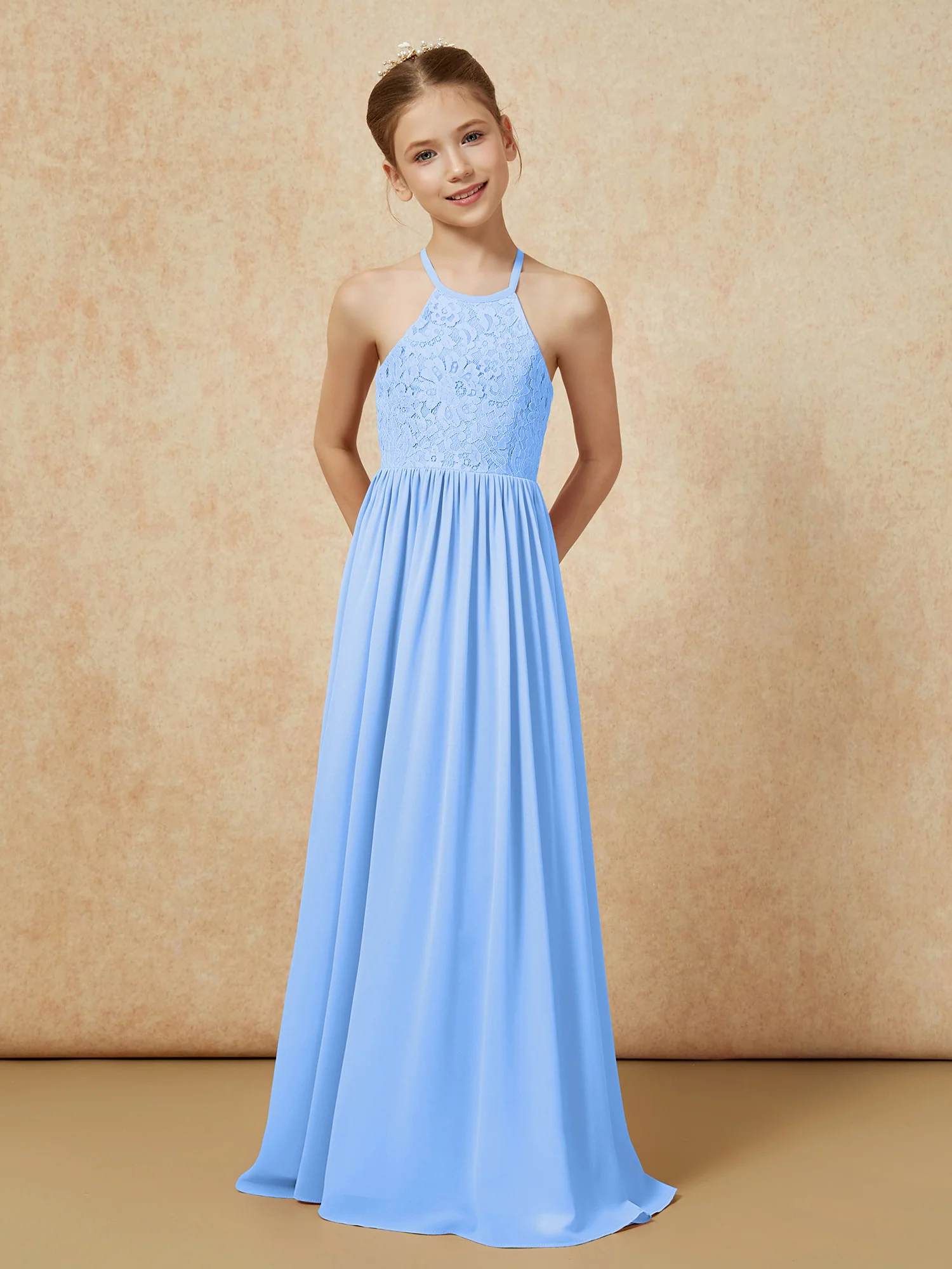 Pleated Lace Chiffion Long Junior Bridesmaid Dress Blue - Image 4