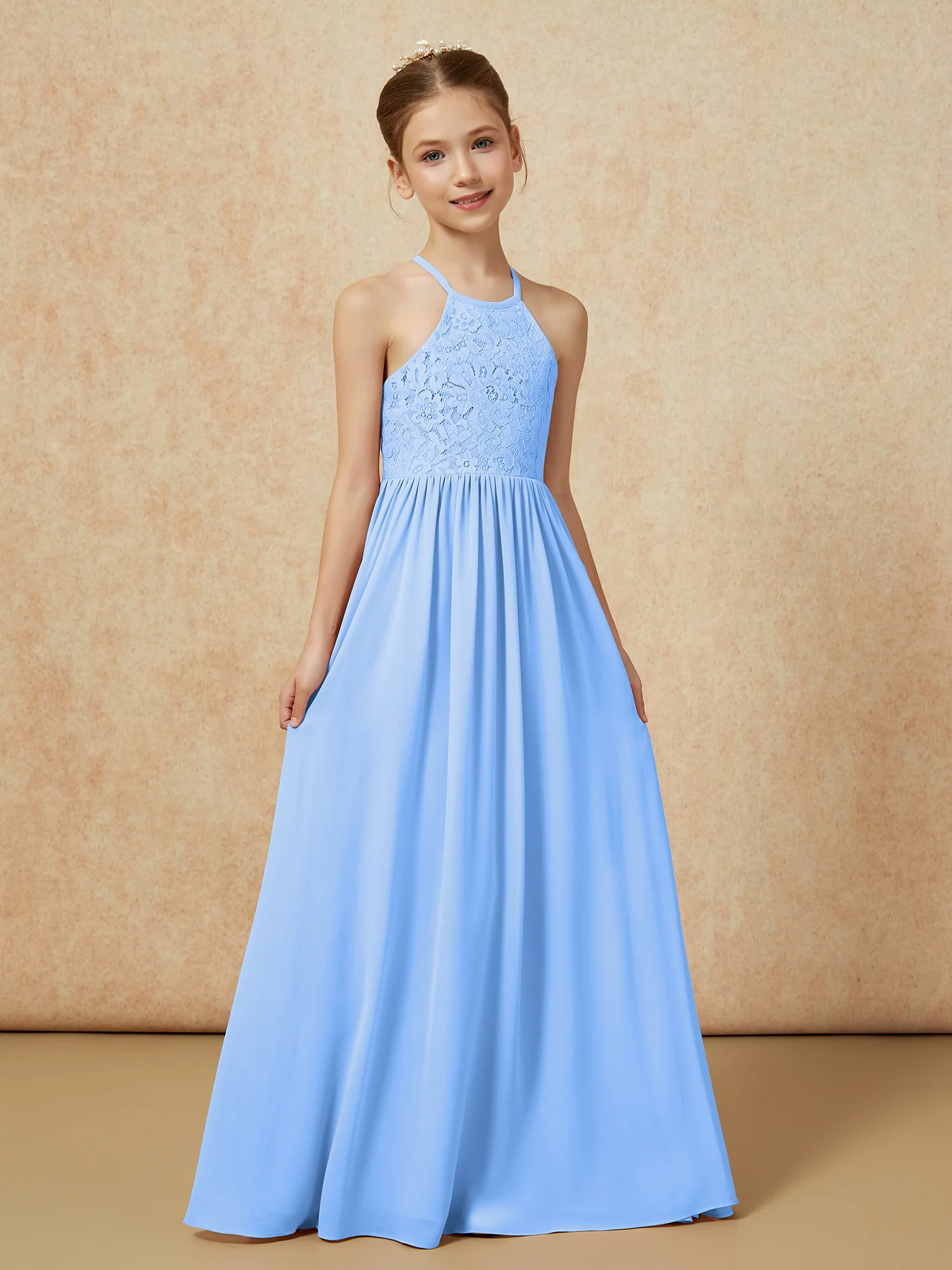 Pleated Lace Chiffion Long Junior Bridesmaid Dress Blue - Image 5