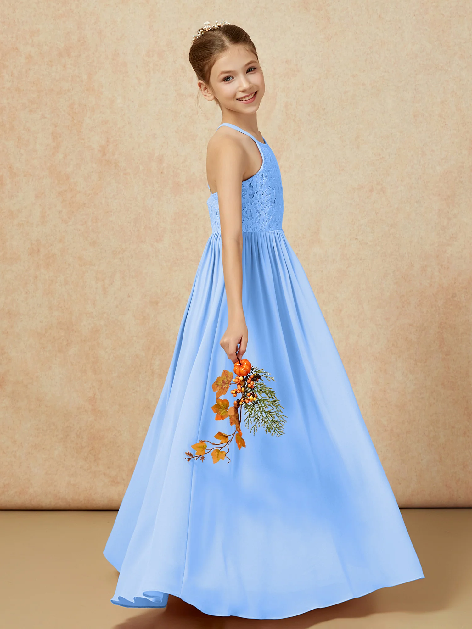 Pleated Lace Chiffion Long Junior Bridesmaid Dress Blue - Image 6