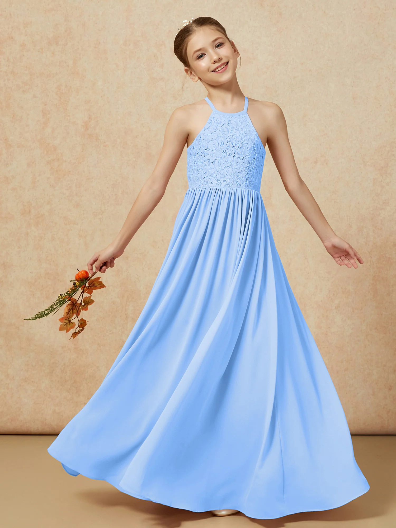 Pleated Lace Chiffion Long Junior Bridesmaid Dress Blue - Image 7