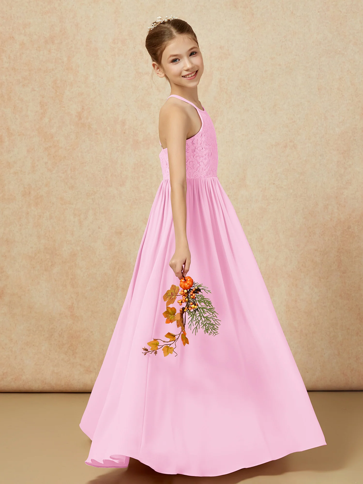 Pleated Lace Chiffion Long Junior Bridesmaid Dress Candy Pink - Image 6