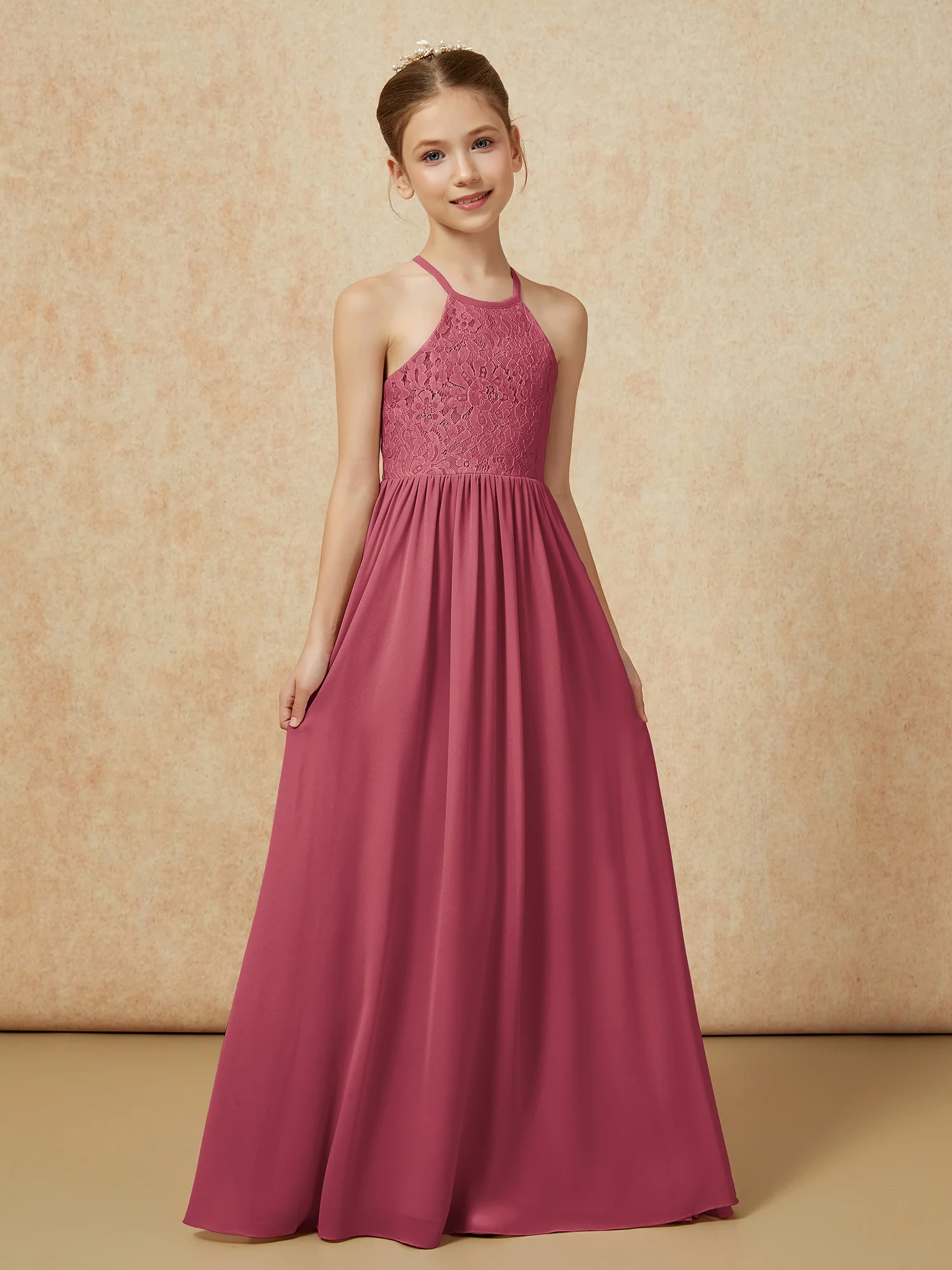 Pleated Lace Chiffion Long Junior Bridesmaid Dress Cinnamon Rose - Image 5