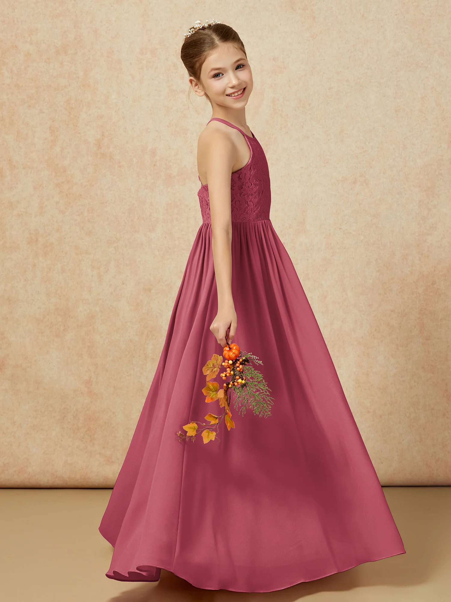 Pleated Lace Chiffion Long Junior Bridesmaid Dress Cinnamon Rose - Image 6