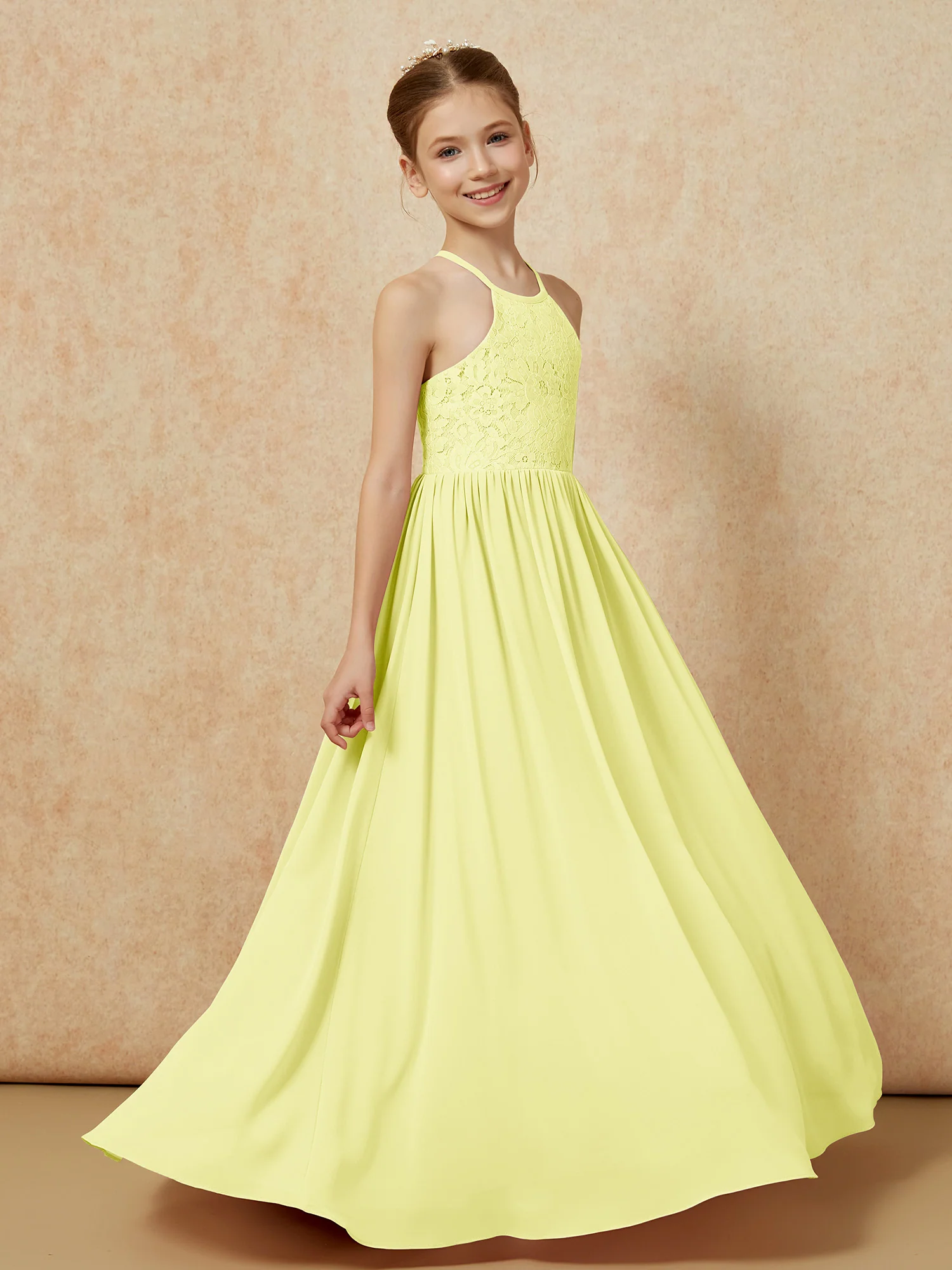 Pleated Lace Chiffion Long Junior Bridesmaid Dress Daffodil - Image 3
