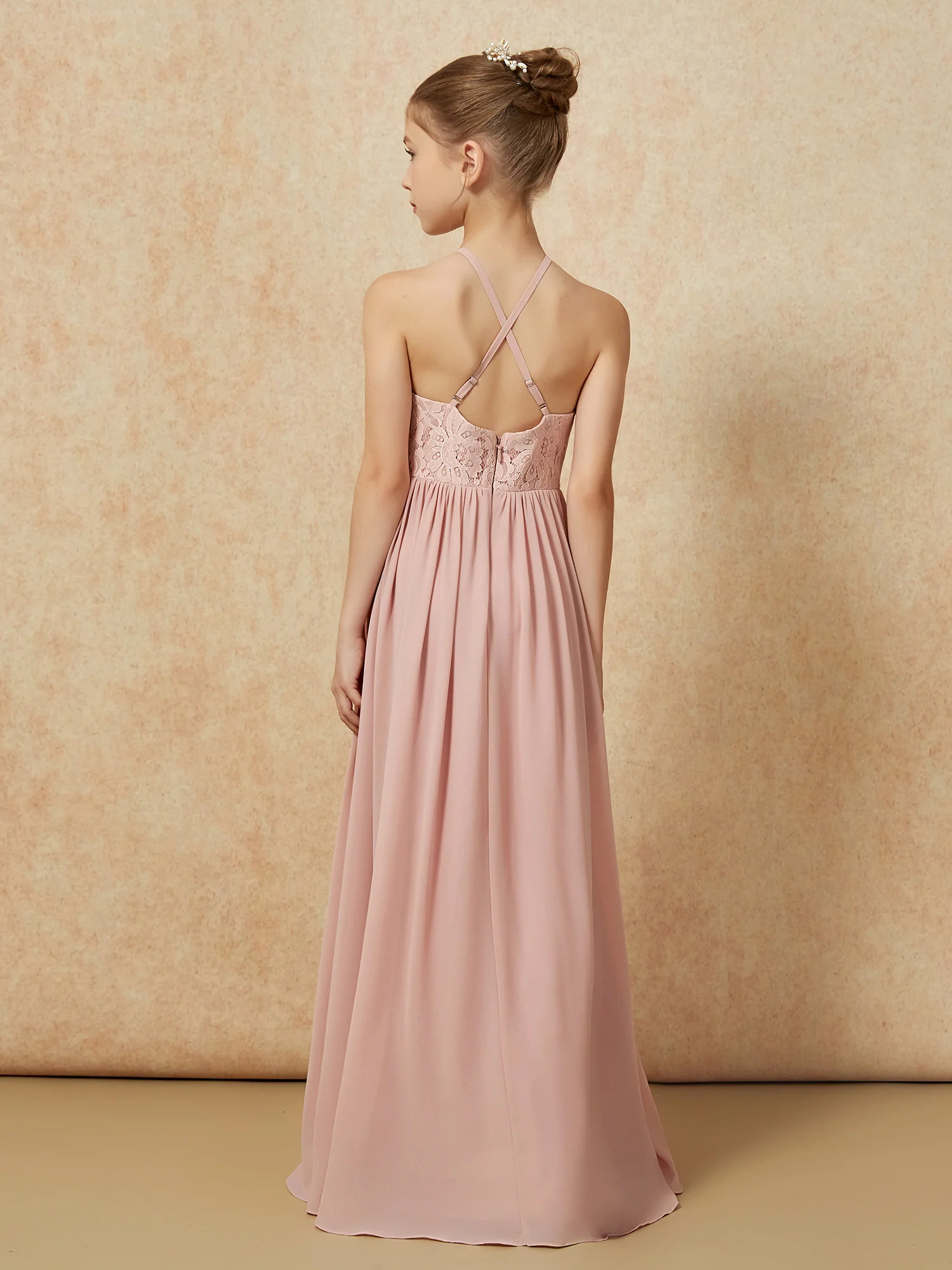 Pleated Lace Chiffion Long Junior Bridesmaid Dress Dusty Rose - Image 2